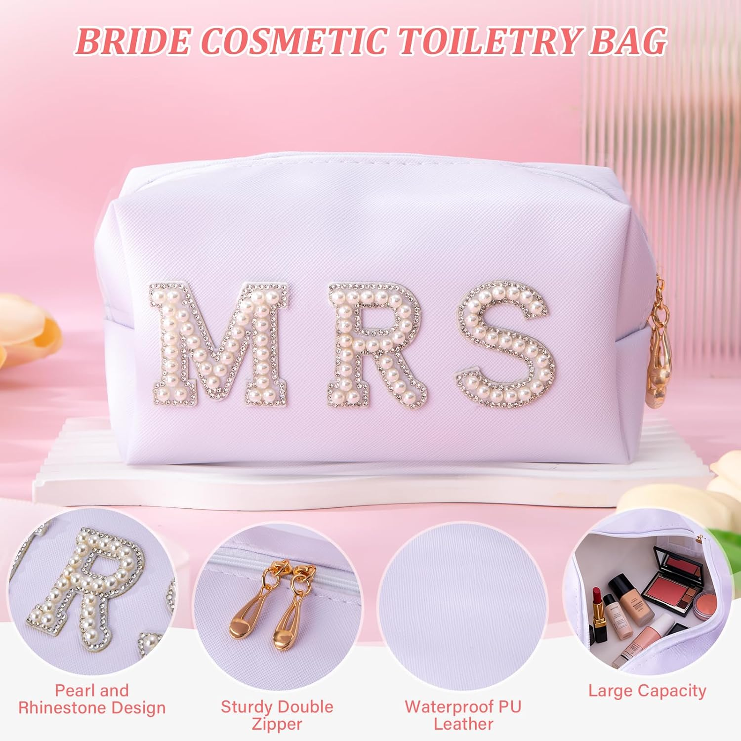 7Pcs Bride to Be Gifts, Bridal Shower Bachelorette Gift Set, Unique Engagement Wedding Day Basket for Women Her Wifey Future Mrs, Including Makeup Bag Slippers Hair Clip Scented Candles Jewelry Box image number 3