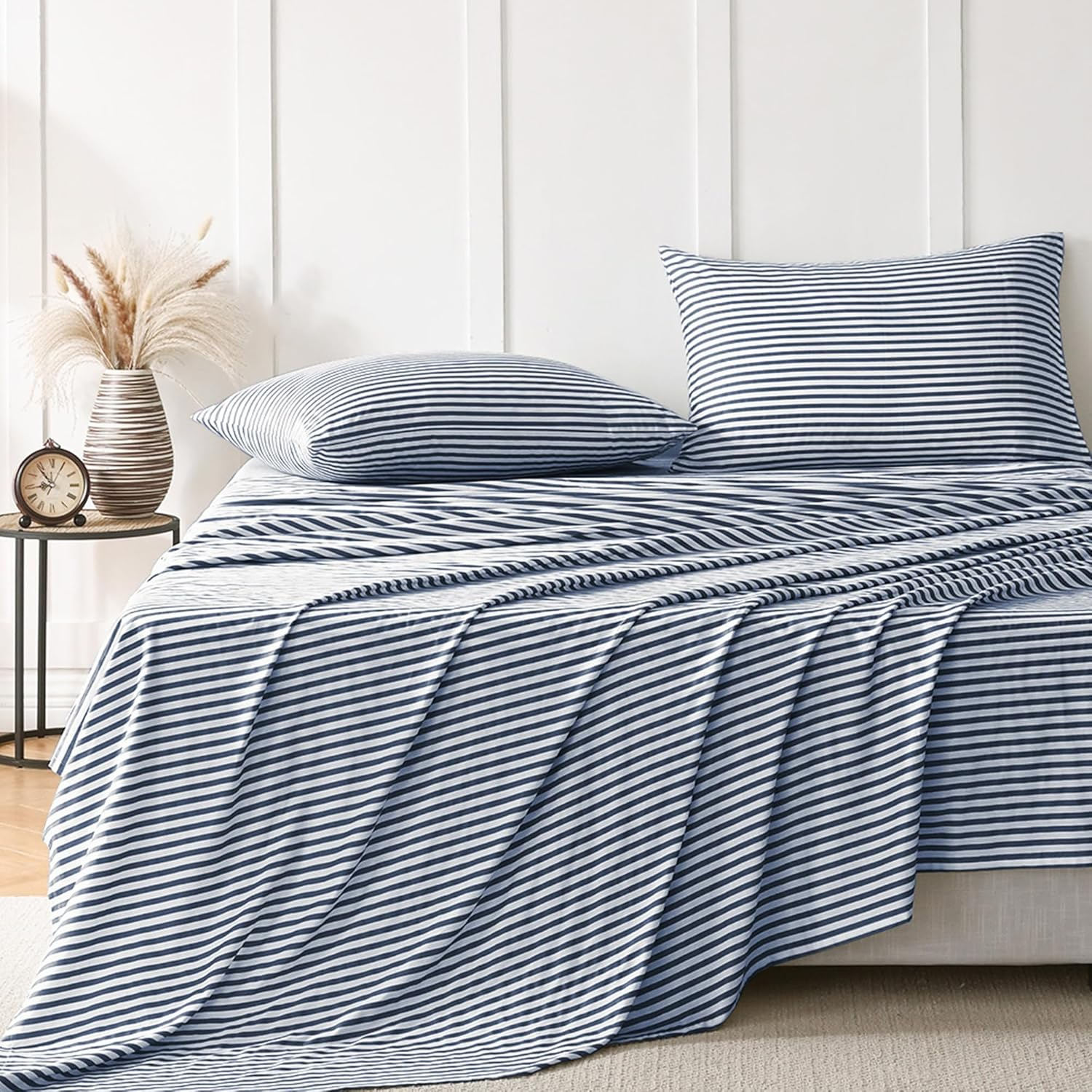 JELLYMONI Striped Sheets Set Queen Size, 4 Pieces 100% Cotton Bed Sheets - 16" Deep Pockets Fitted Flat Sheet & Pillowcase Bedding Set, Ultra-Soft, Machine Washable