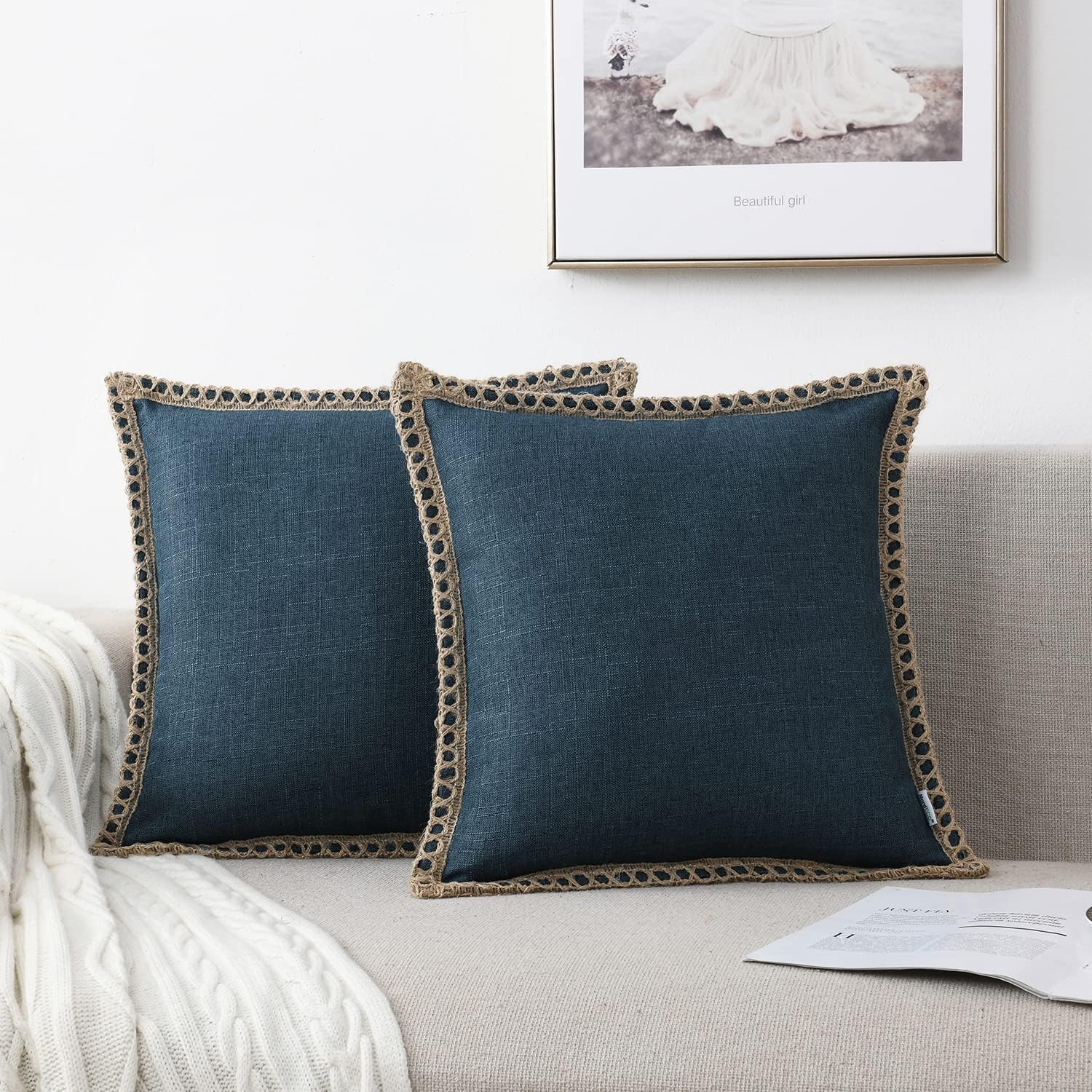 Nordeco HOME Set of 2 Throw Pillow Covers - Burlap Linen Trimmed Tailored Edges Decorative Cushion Covers for Bed Home Decoration, 20 X 20 image number 5