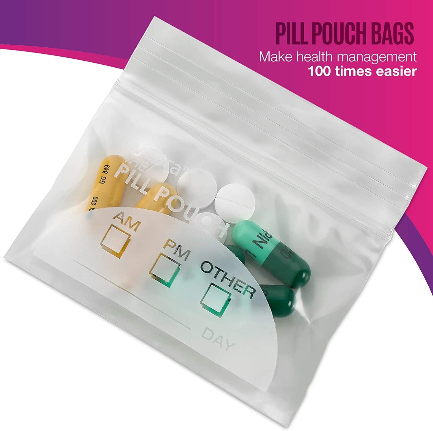 Pill Pouch Bags - (Pack of 250) 3" X 2.75" - BPA Free, Poly Bag Disposable Zipper Pills Baggies, Daily AM PM Travel Medicine Organizer Storage Pouches, Best Clear Reusable with Write-On Labels image number 4