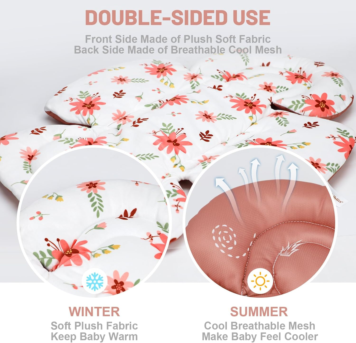 KAKIBLIN Infant Car Seat Insert, Baby Car Seat Cushion, Car Seat Head Support for Infant,Breathable Reversible Carseat Insert Support for Newborn Stroller, Baby Swing, Bassinets, Pushchair (Pink) - Grey image number 4