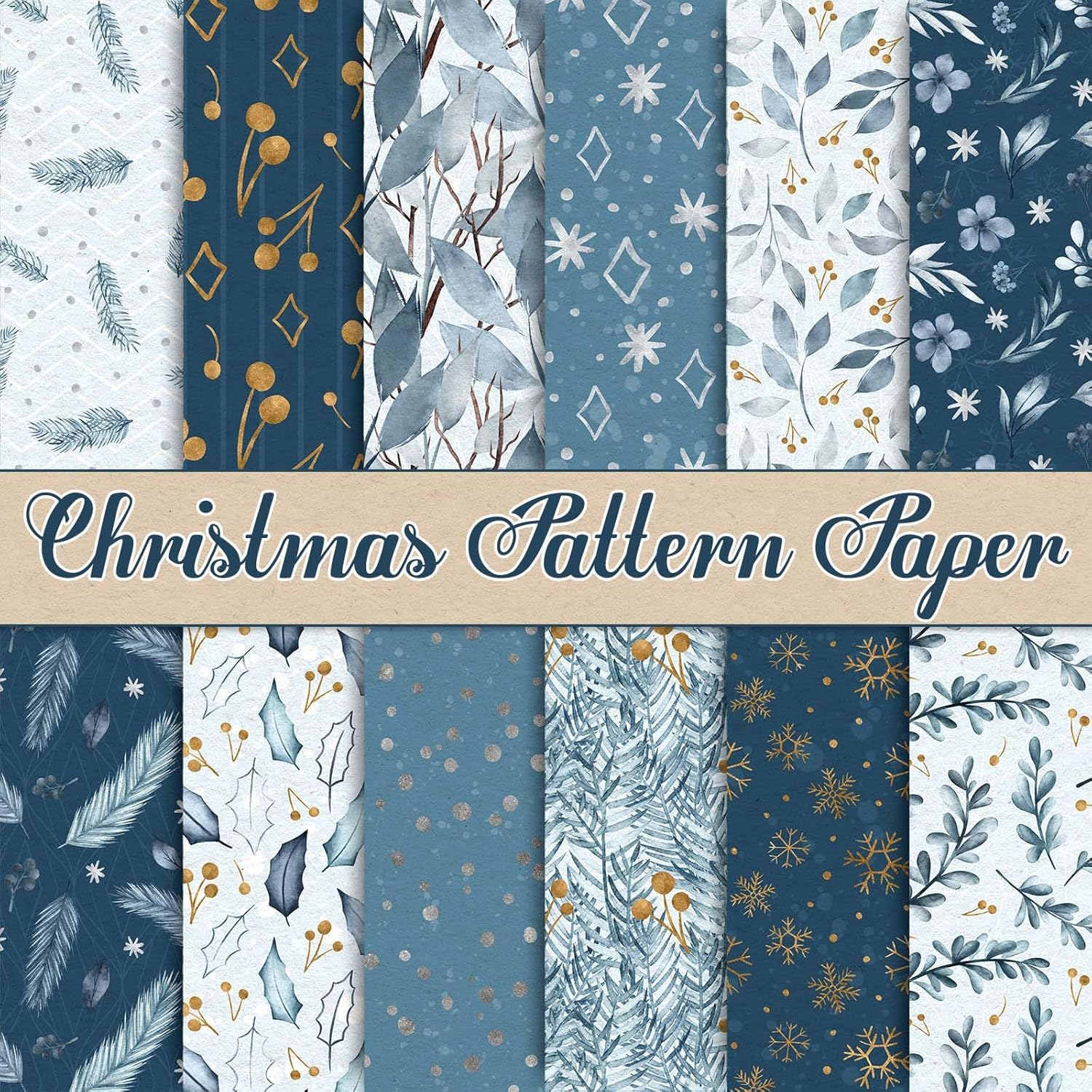 Whaline 24 Pack Christmas Pattern Paper 30X30Cm Watercolor Winter Scrapbook Paper Double-Sided White Blue Snowflake Craft Paper Folded Flat for DIY Card Making Scrapbook Photo Album Decor, 12 Designs image number 3