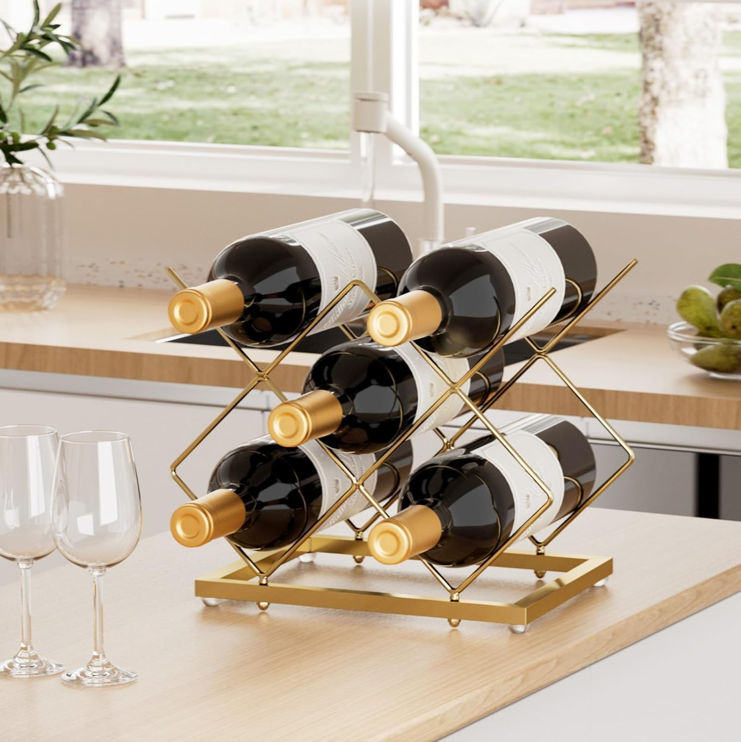 Urban Deco Gold Wine Rack Small Countertop for Cabinets &ndash; 5 Wine Holder Countertop Stylish and Compact Small Wine Racks image number 2