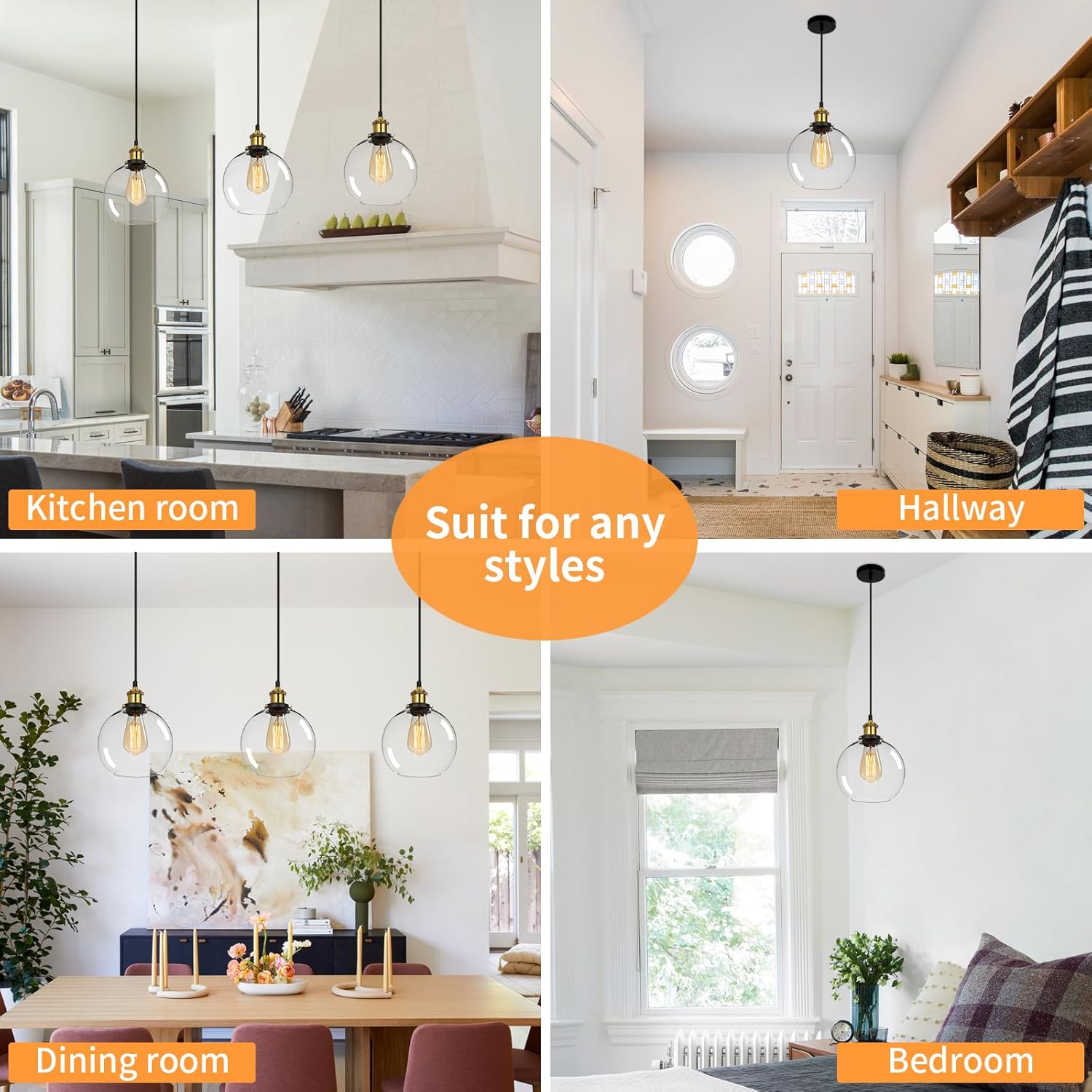 FORCOSO 3PCS Vintage Glass Pendant Light, Industrial Ceiling Pendant Lights with Clear Glass Globe Shade, Adjustable Pendant Lighting for Kitchen Island Dining Table Hallway Entryway（&Oslash;20Cm）