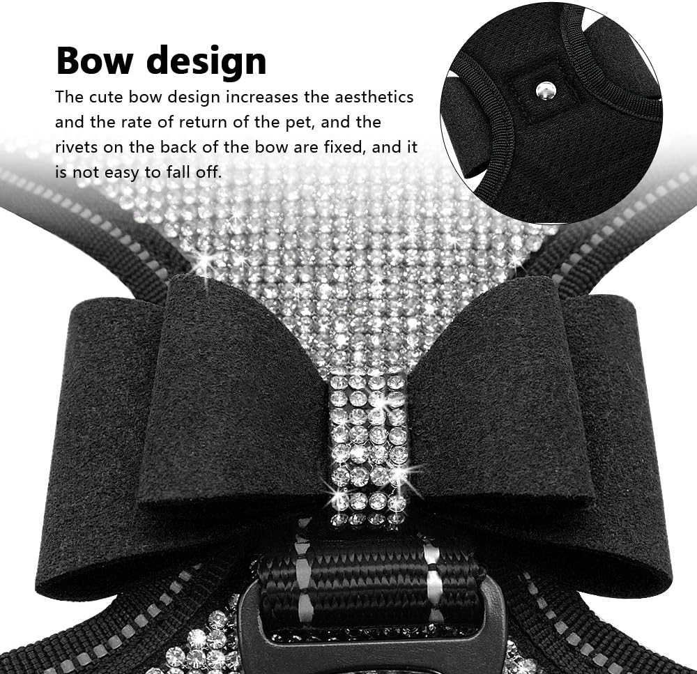 Beirui Rhinestone Dog Harness - No Pull Reflective Bling Nylon Dog Vest with Sparkly Bow Tie for Small Medium Large Dogs Walking Party Wedding,Black,S image number 3