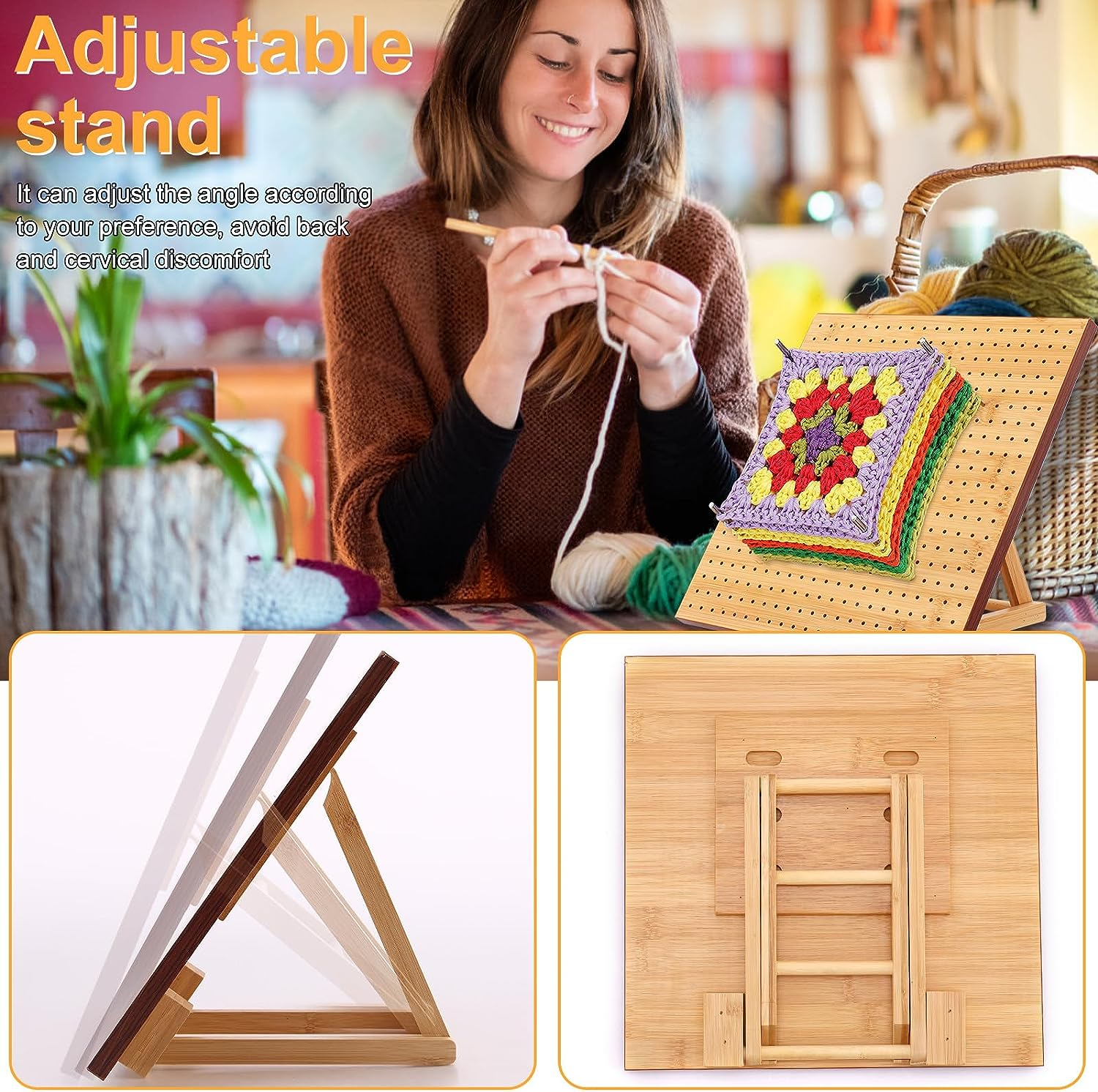 Abizarch 11.4Inch Crochet Blocking Board with 20 Steel Rod,Bamboo Wooden Blocking Board with Adjustable Stand,Granny Square Blocking Board for Beginner Knitting Lover Crocheting image number 4