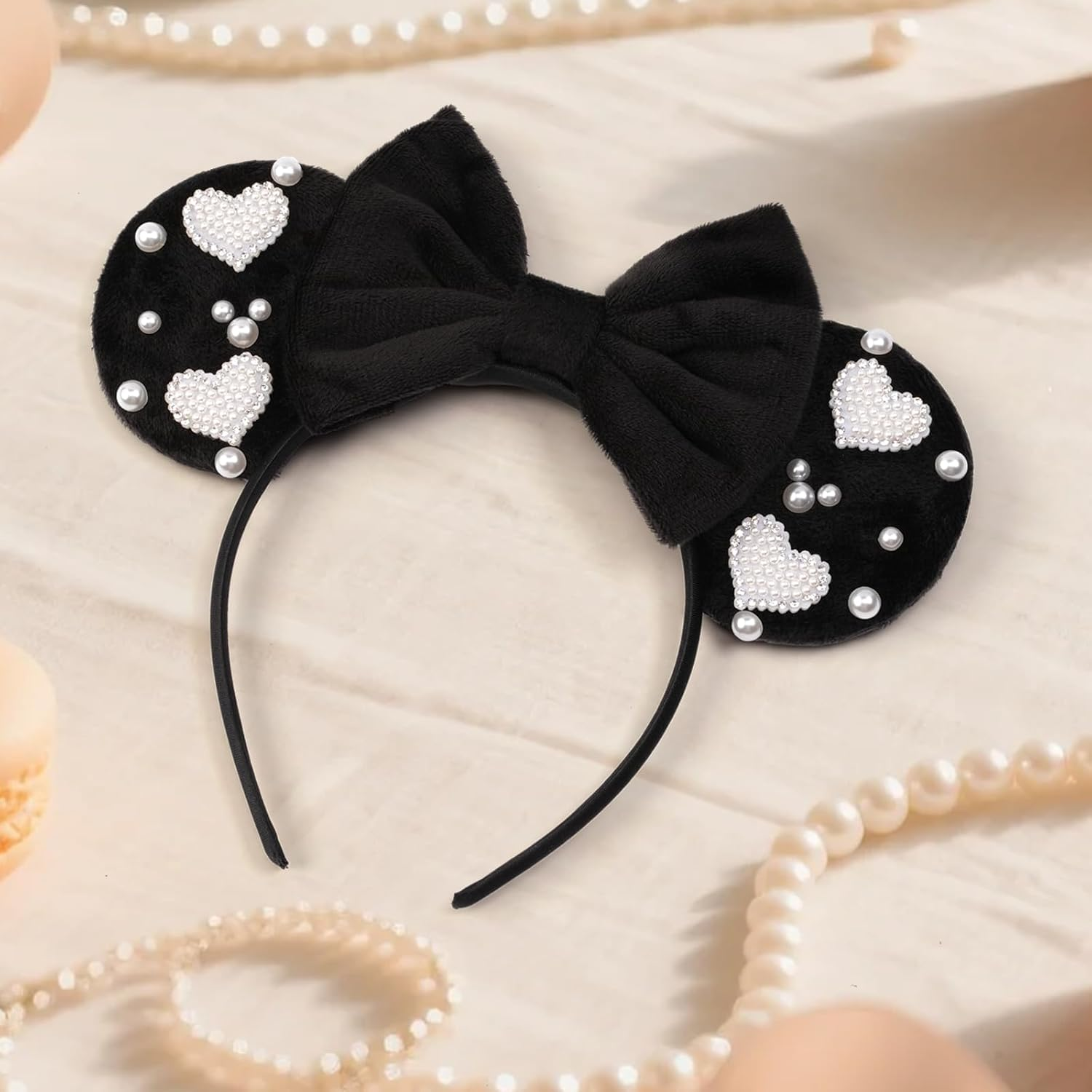 Bianbaistar Black Velvet Bow Mouse Ears Headband with Pearl Heart Accents - Elegant Hair Accessory for Parties, Dates & Special Occasions image number 2