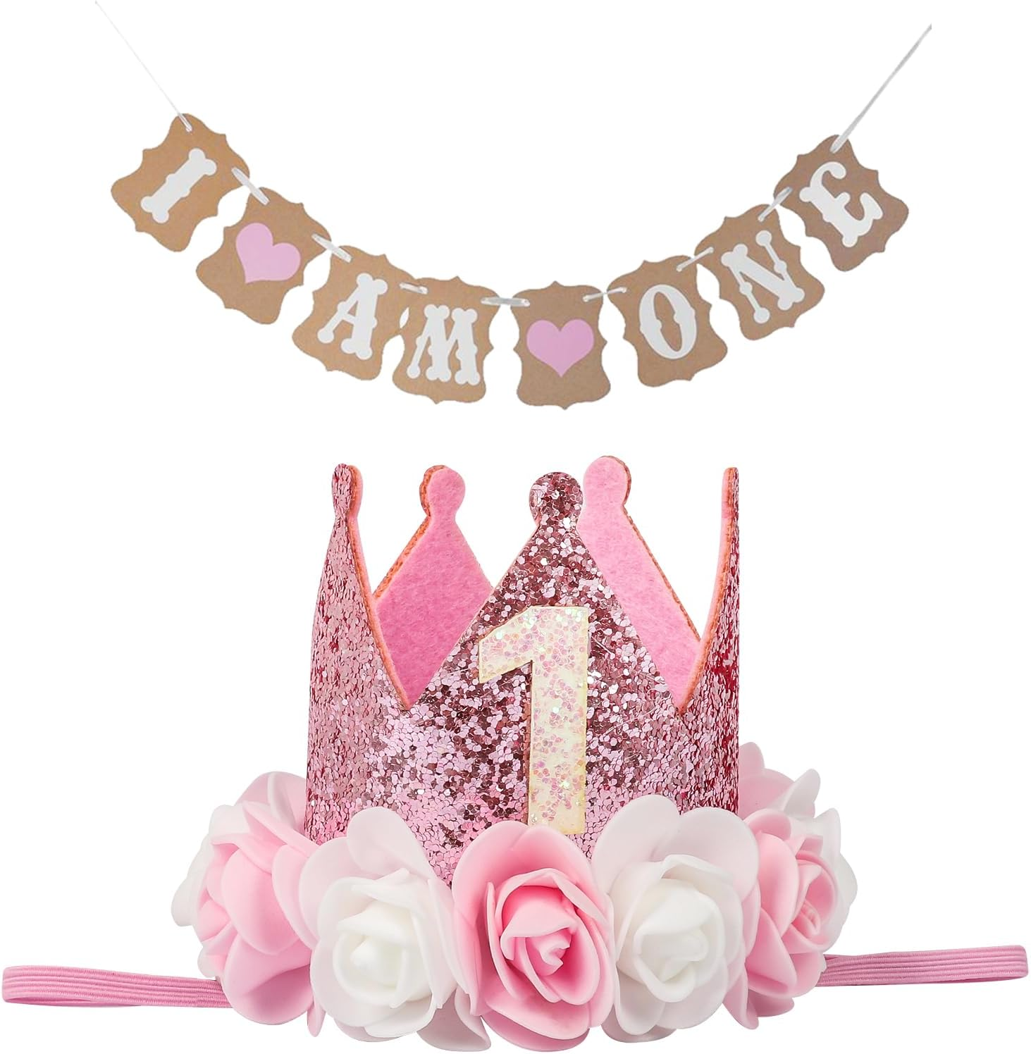 Kufaerbeam First Birthday Crown Hat and Birthday Flag for Baby Girls, 1St Birthday Crown Hat Decorations with Cute Floral, Headband Gift Photo Prop 1St Birthday Party Supplies for Baby
