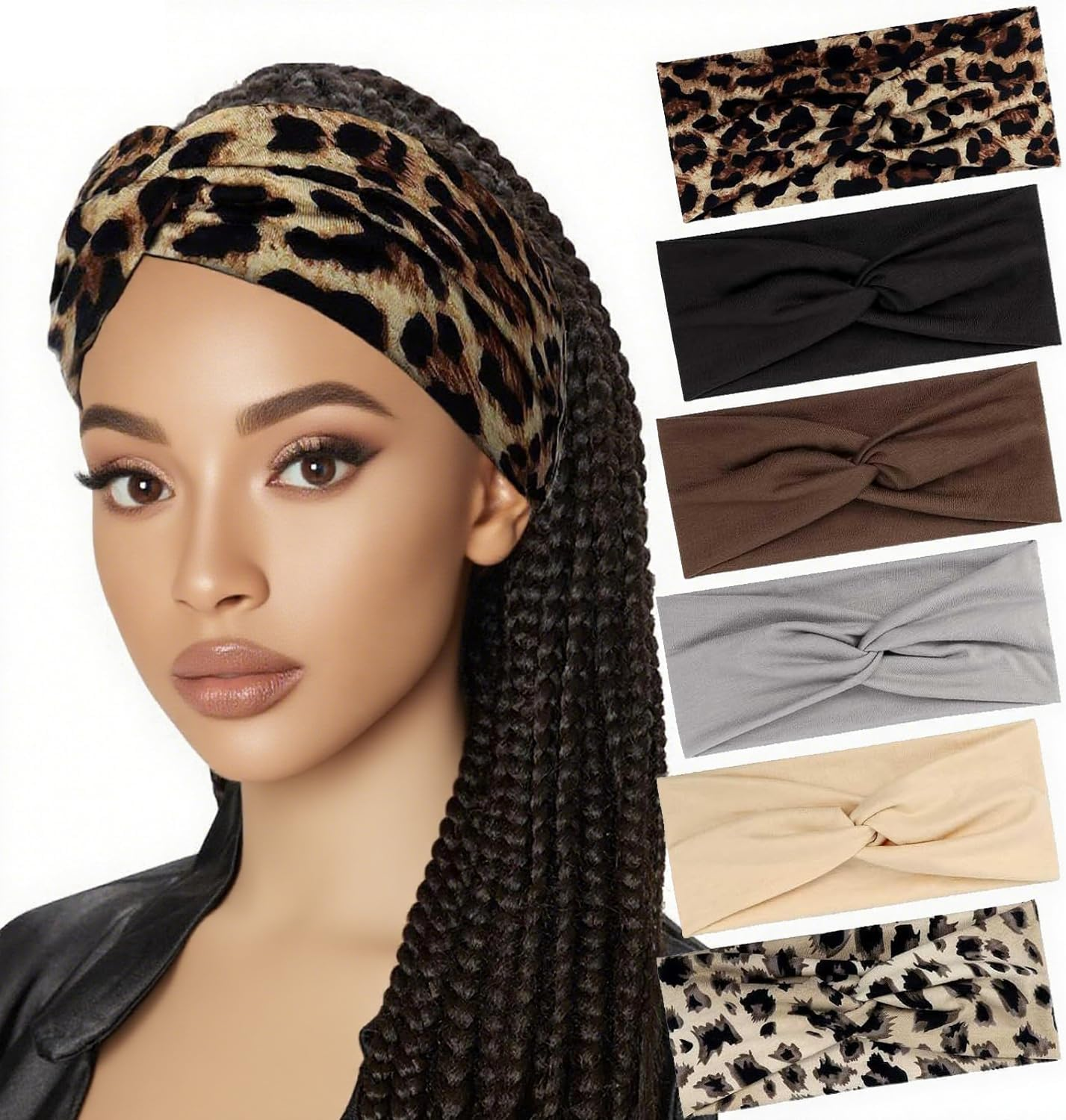 Norhogo Pack of 6 Elastic Headbands, Women'S Headband Elastic Wide Headbands, Headband Knot Sports Headwrap Headband Yoga Hair Accessories for Girls, Leopard Print, Plain image number 2