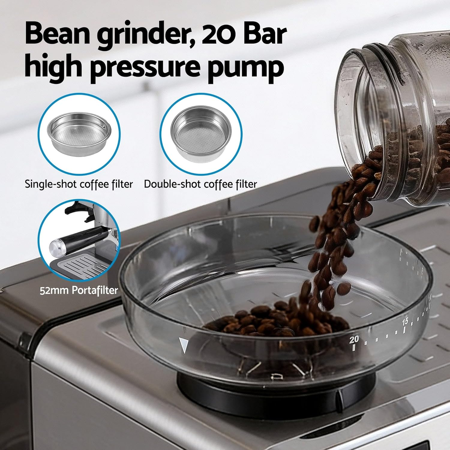Devanti Coffee Machine with Grinder, 20 Bar Pressure Automatic Espresso Latte Cappuccino Maker Milk Frother Steam Wand Temperature Control 2L Water Tank Home Appliance Clean Brush image number 5