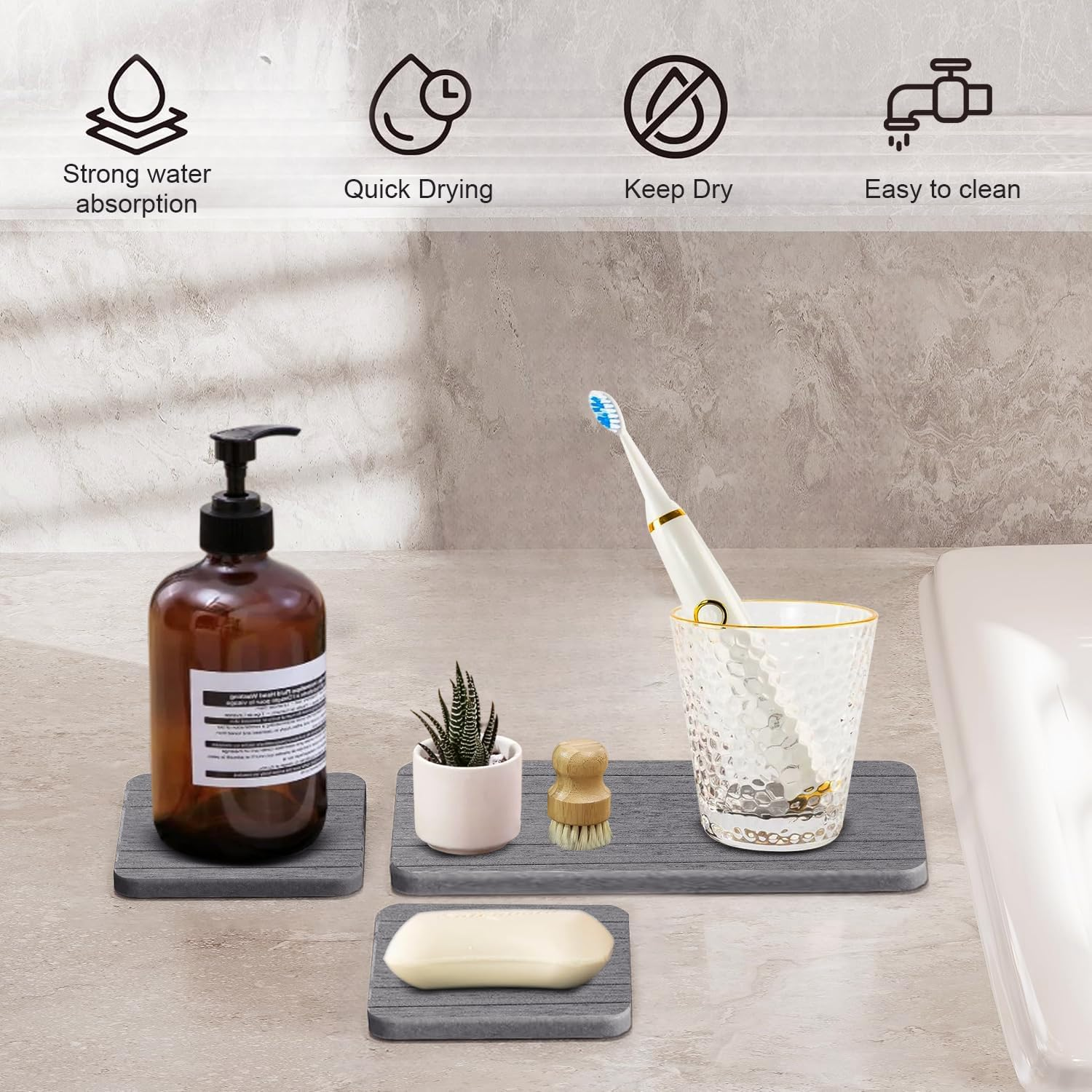 3PCS Water Absorbing Stone Tray, Dryingneat Diatomite Stone Sink Tray, Water Absorbent Diatomite Coasters, Kitchen Sponge Hand Soap Holder, Fast Drying Counter Holders, 21 * 10 * 1Cm image number 5