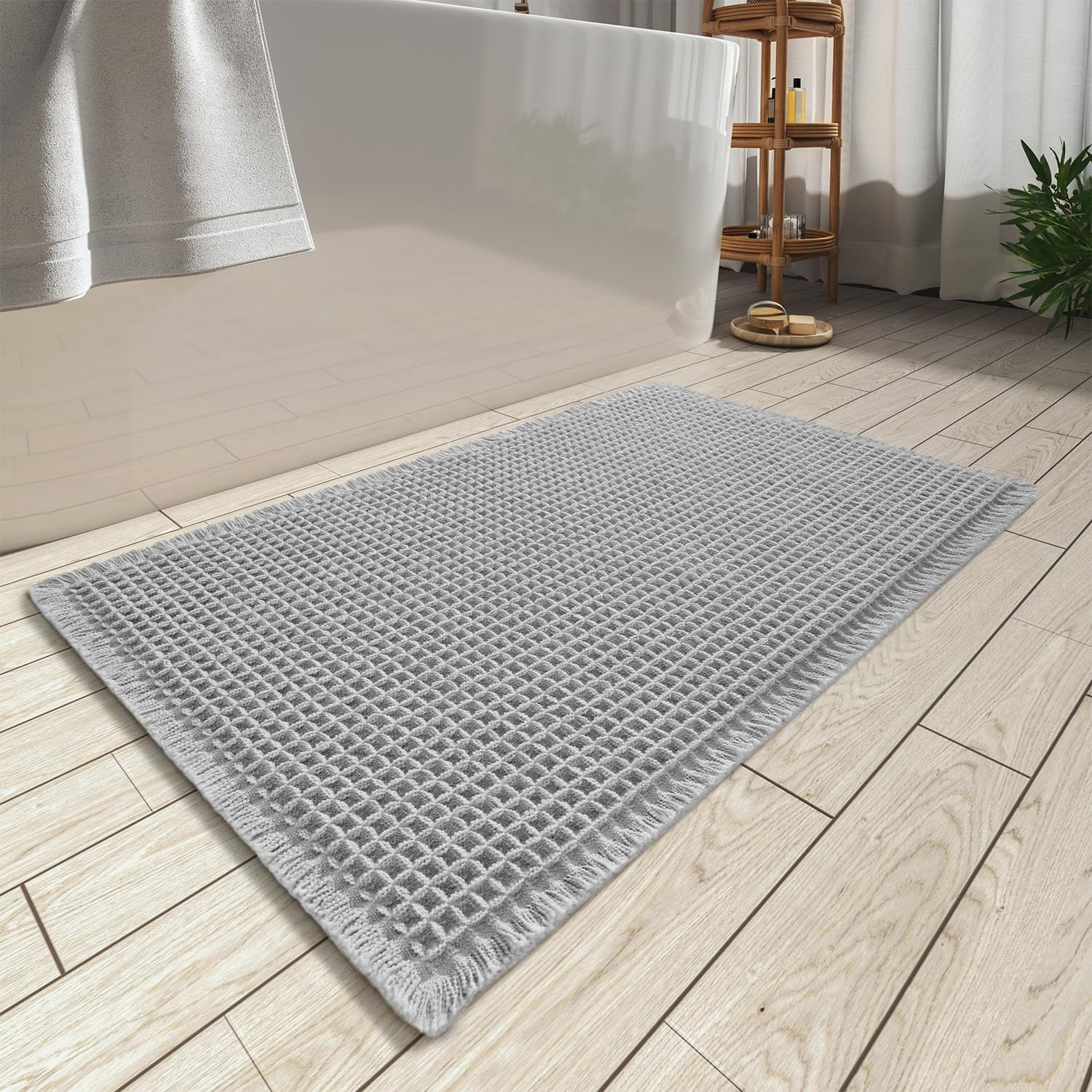 AMOAMI Upgraded Waffle Bath Mat, Super Absorbent Non Slip Bath Mats for Bathroom Floor, Machine Washable Bathroom Rugs with Tassels, Rubber Backed Bathroom Mats, Ultra Soft, 24" X 36", Grey