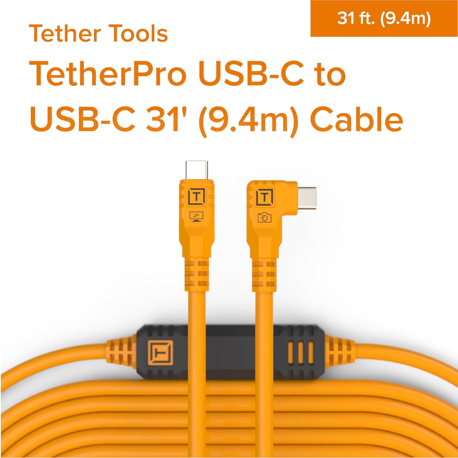 Tether Tools Tetherpro USB-C to USB-C, 31' (9.4M), Straight to Right Angle Cable with Dual In-Line Tetherboosts, & Exclusive Data Transfer - Orange image number 5