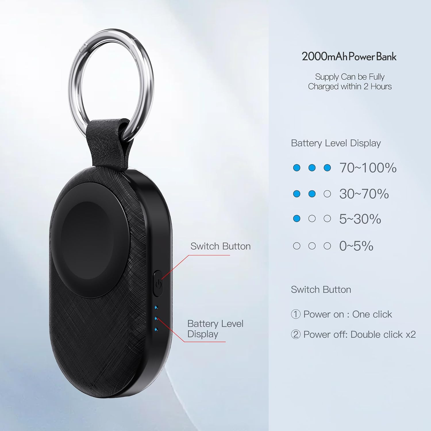 PZOZ Portable Apple Watch Charger, 2000Mah 5W Wireless Power Bank Fast Charging for Apple Watch Series 11 10 9 Ultra 8 7 6 5 4 3 2 SE Travel Mini Powerbank with Keychain (USB C+Lightning) (Black) image number 4