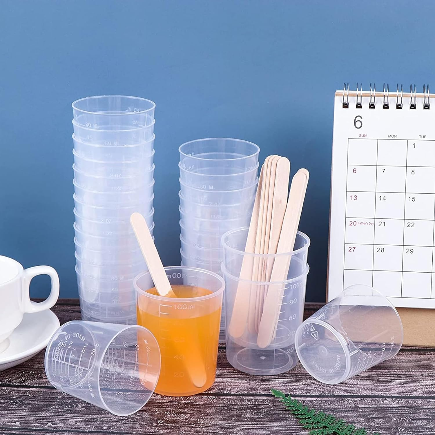 Small Measuring Cups, 30 Ml Plastic Measuring Cups, Pack of 50 Measuring Cups, Small Plastic Mixing Cups, Plastic Measuring Cups with Wooden Sticks and Lid for Mixing Resin, Stain, Epoxy and Paint image number 6