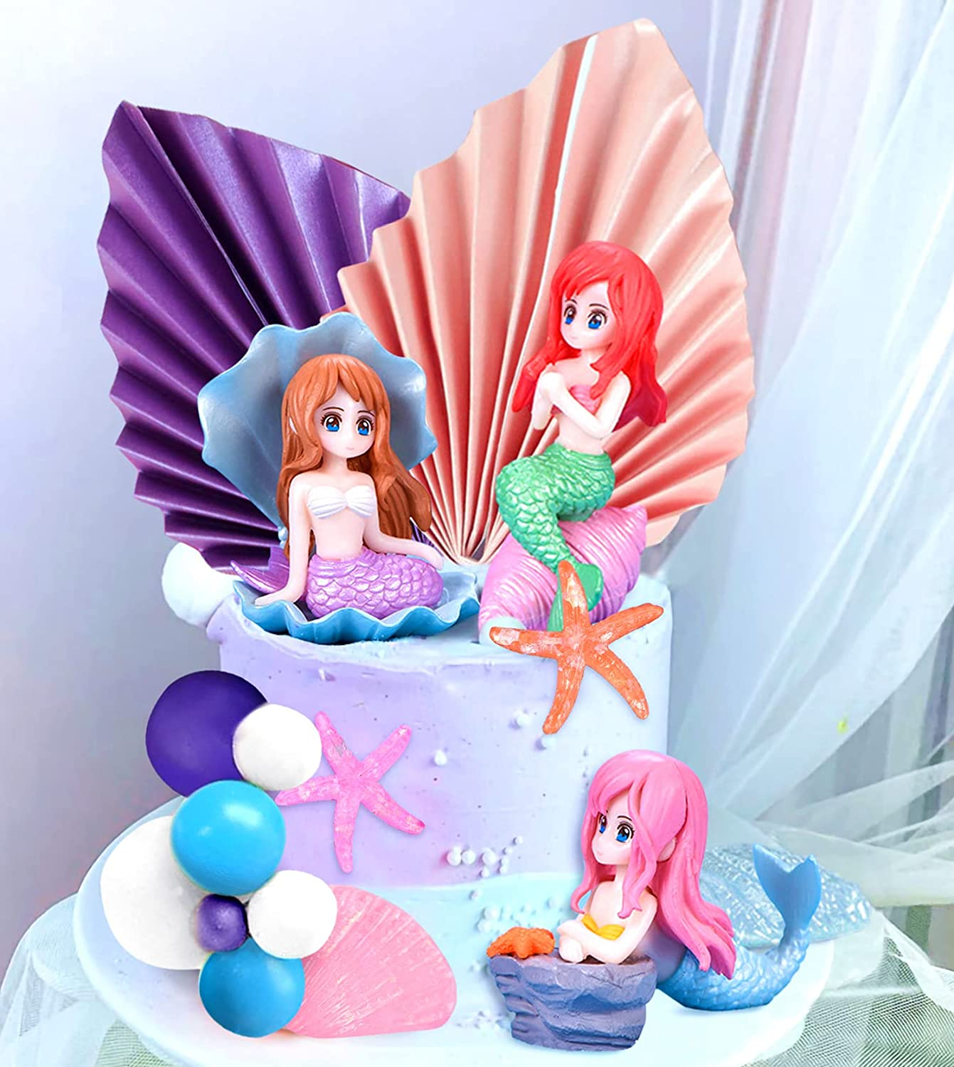 Jevenis 30 PCS Mermaid Cake Decoration under the Sea Cake Decoration Seashell Cake Topper Mermaid Tail Cake Topper Mermaid Party Supplies Sea Star Cake Toppers image number 4