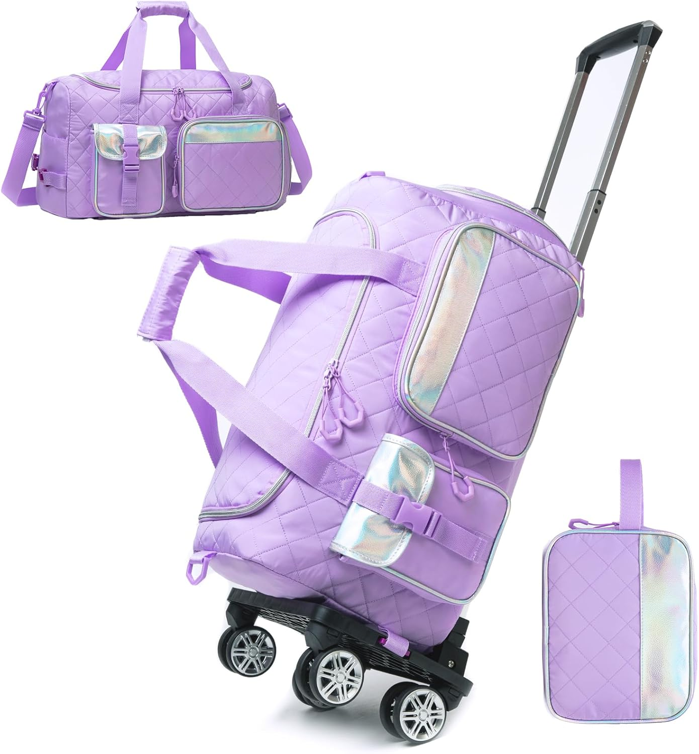 Rolling Duffle Bag with Wheels Women Travel Bag with Wheels Weekender Bags for Women with Toiletry Bag, Purple - Off White image number 6