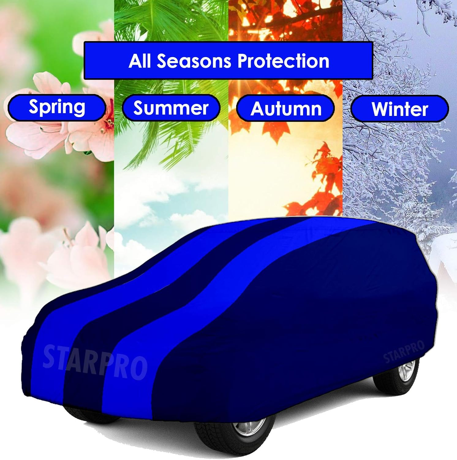 SHIVRAT Presents All Weather Water Resistant and U/V Rays Protection Car Body Cover Compatible with Force One Variants (Royal Blue Stripes without Mirror)