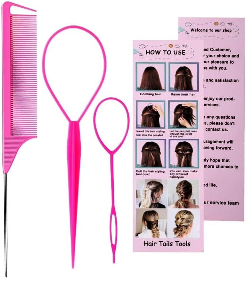 Aigee 8Pcs Hair Styling Combs Set Include 4Pcs Topsy Hair Tail Tools 2 Styles of Rat Tail Comb,1Pcs Bristle Teasing Slick Back Hair Brush,1Pcs Edge Control Brush,Eyebrow Brush for Woman Girl Pink image number 1