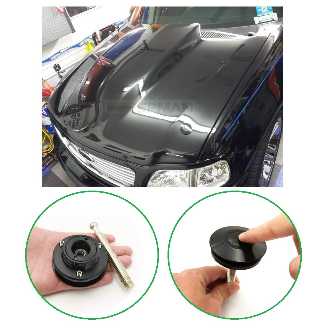 2 Pack Quick Release Latch Universal 2.44In/62Mm Diameter Universal Aluminum Alloy Push Button Quick Latch Hood Pins Lock Clip Kit for Auto Car Hood Pins Lock (2 Pack-Black Pro) - 2Pin Switch 69 image number 4