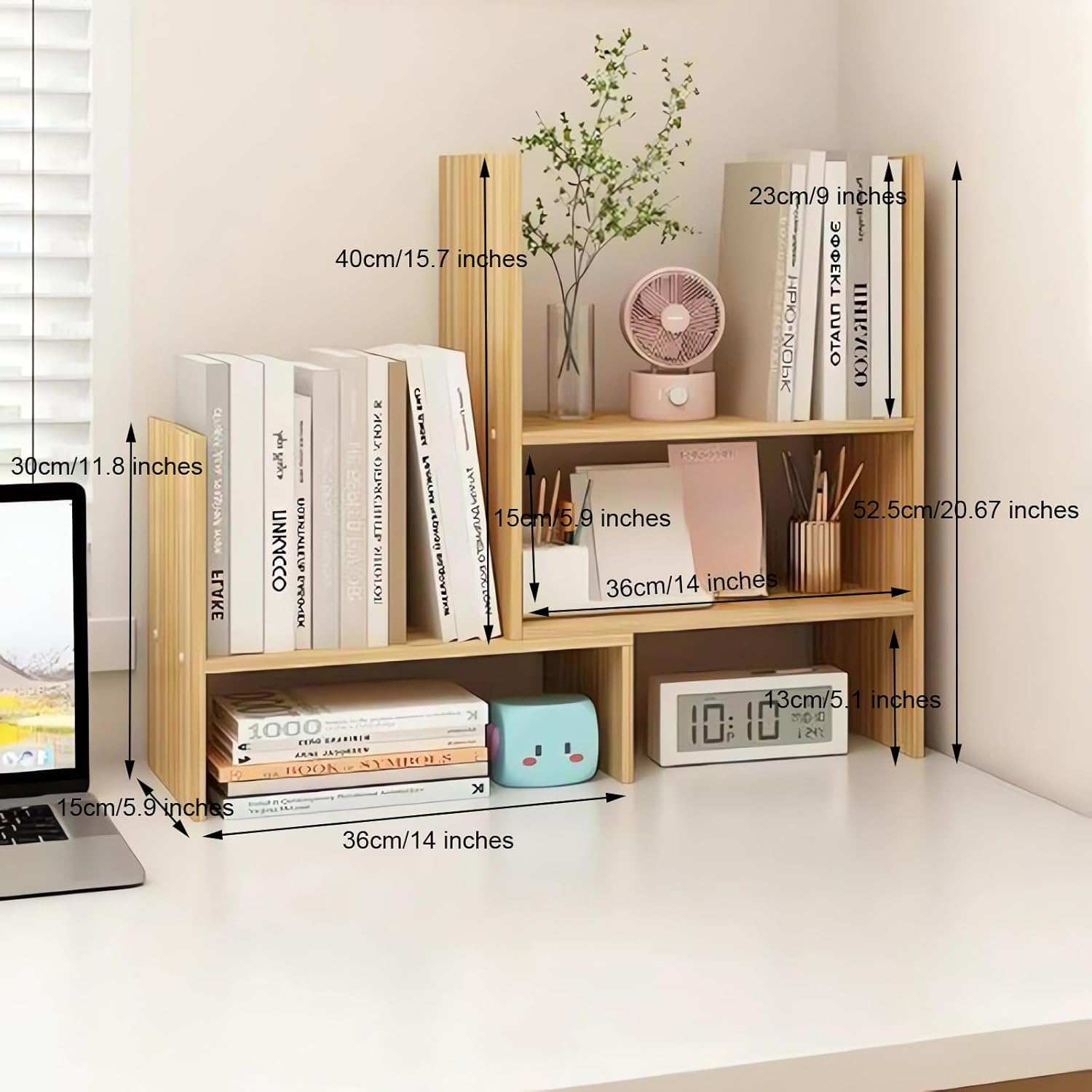 Desktop Bookshelf Organiser, Wood Bookcase, Office Desk Storage Shelf, Adjustable Width 36-72 Cm Bookshelves A292 (B Wood) image number 2