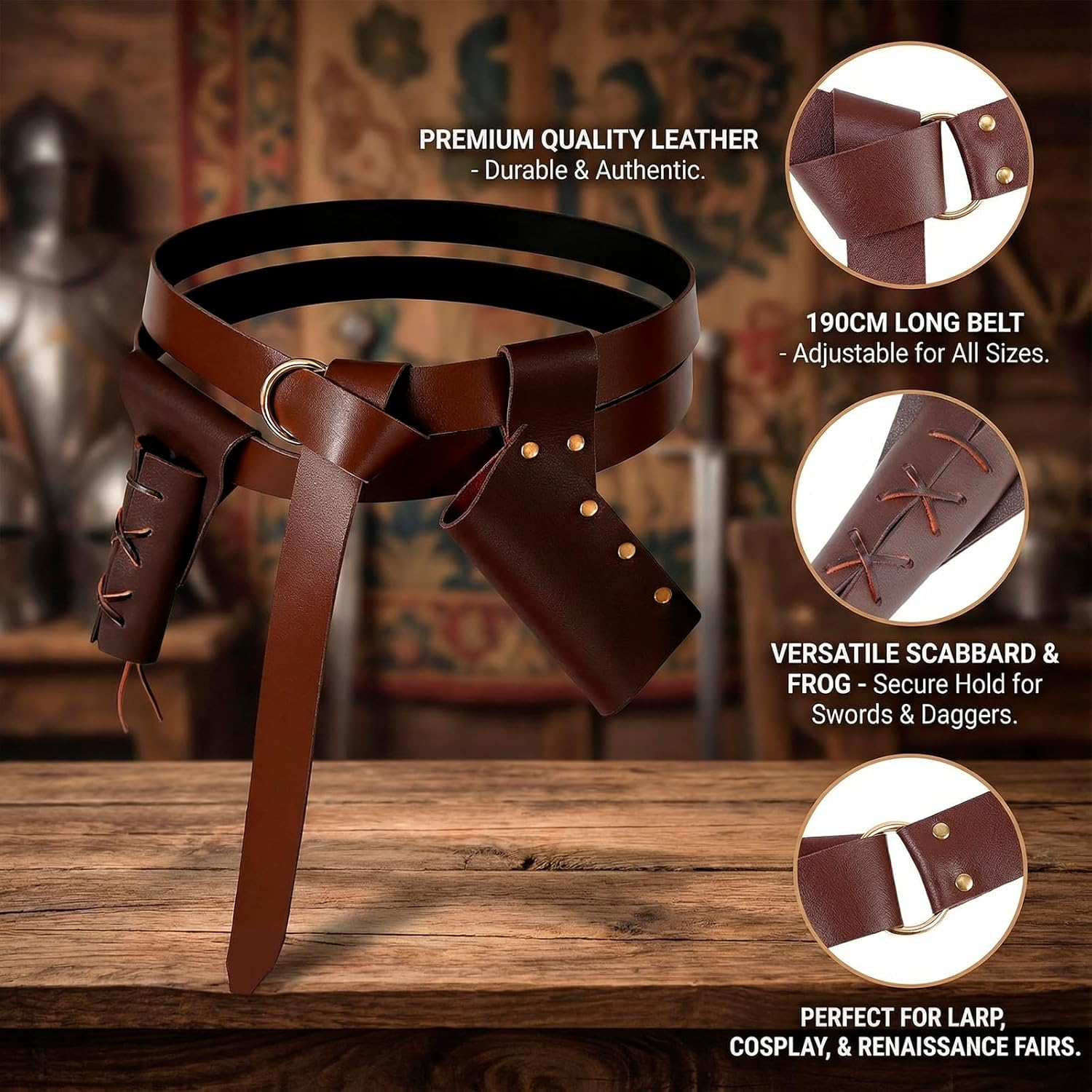 RIBNXHI 3 Piece Medieval Renaissance Knight Belt Set with Viking Sword Frog, Adjustable Leather Belt for Dagger and Sword, LARP Cosplay Costume Accessories for Men and Women image number 6