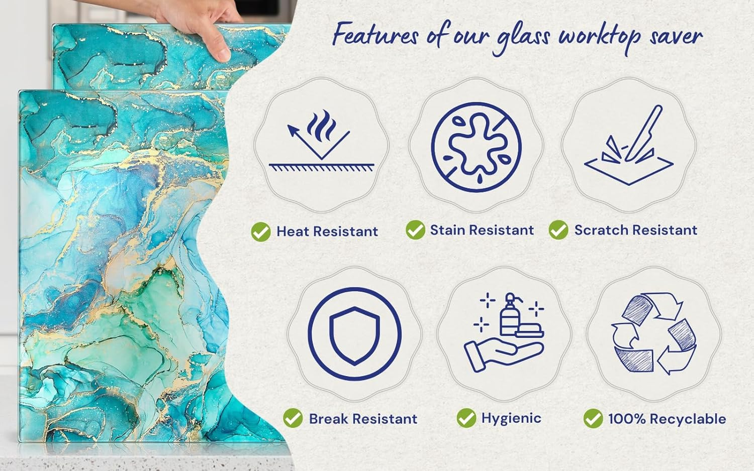 Kitchenville Glass Chopping Board 40X30Cm : Tempered Glass Worktop Savers for Kitchens, Durable, Scratch-Resistant, Heat-Proof - Turquoise Ocean image number 4