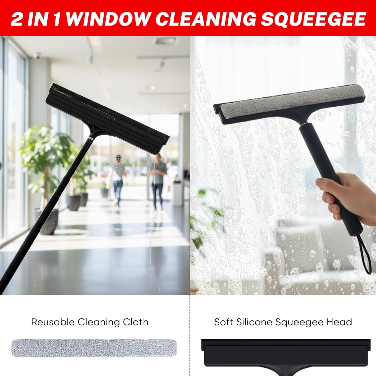 Mannicix Shower Squeegee Long Handle, Squeegee Shower Black, Squeegee Base with Holder, Extendable Shower Squeegee Long Handle 33-123 Cm for Shower, Bathroom, Mirror, Glass Cleaning image number 1