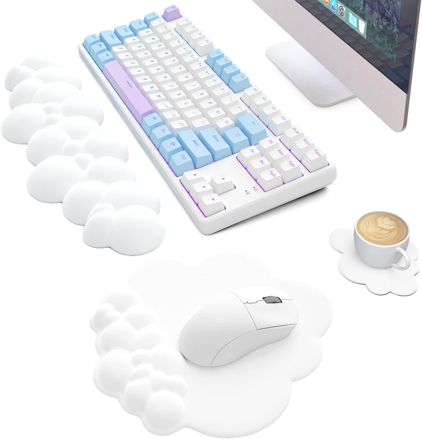 MANBASNAKE Cloud Mouse Pad Wrist Support Keyboard Wrist Rest Set with Ergonomic Memory Foam,Non-Slip Base,Cloud Coasters for Home,Office,Laptop,Desktop Computer,Easy Typing Pain Relief- White image number 5