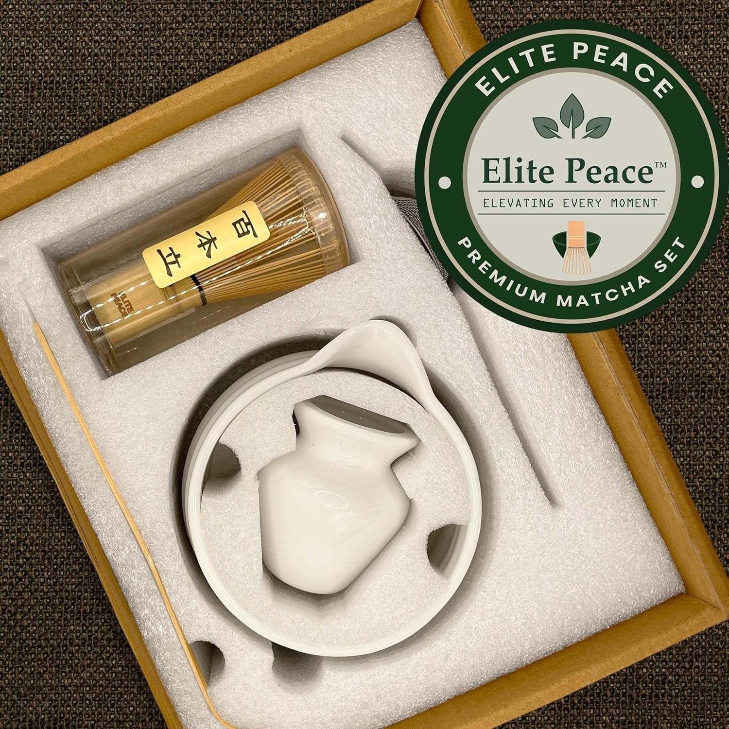 5-Piece Matcha Whisk Set - Bamboo Whisk Ceramic Matcha Bowl with Spout Stainless Steel Tea Sifter Scoop Whisk Holder & 2 Educational Cards - White Matcha Kit