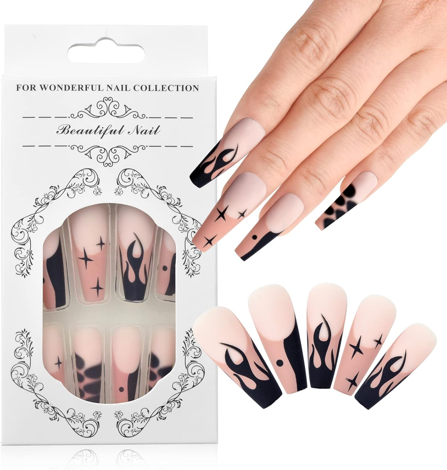 Coffin False Nails Pink False Nails Coffin Medium Length Acrylic Ballerina Press on Nails Full Cover Stick on Nails 24Pcs with Nails Sticker and Nail Glue,Hj-T09 (HJ-T09-01)