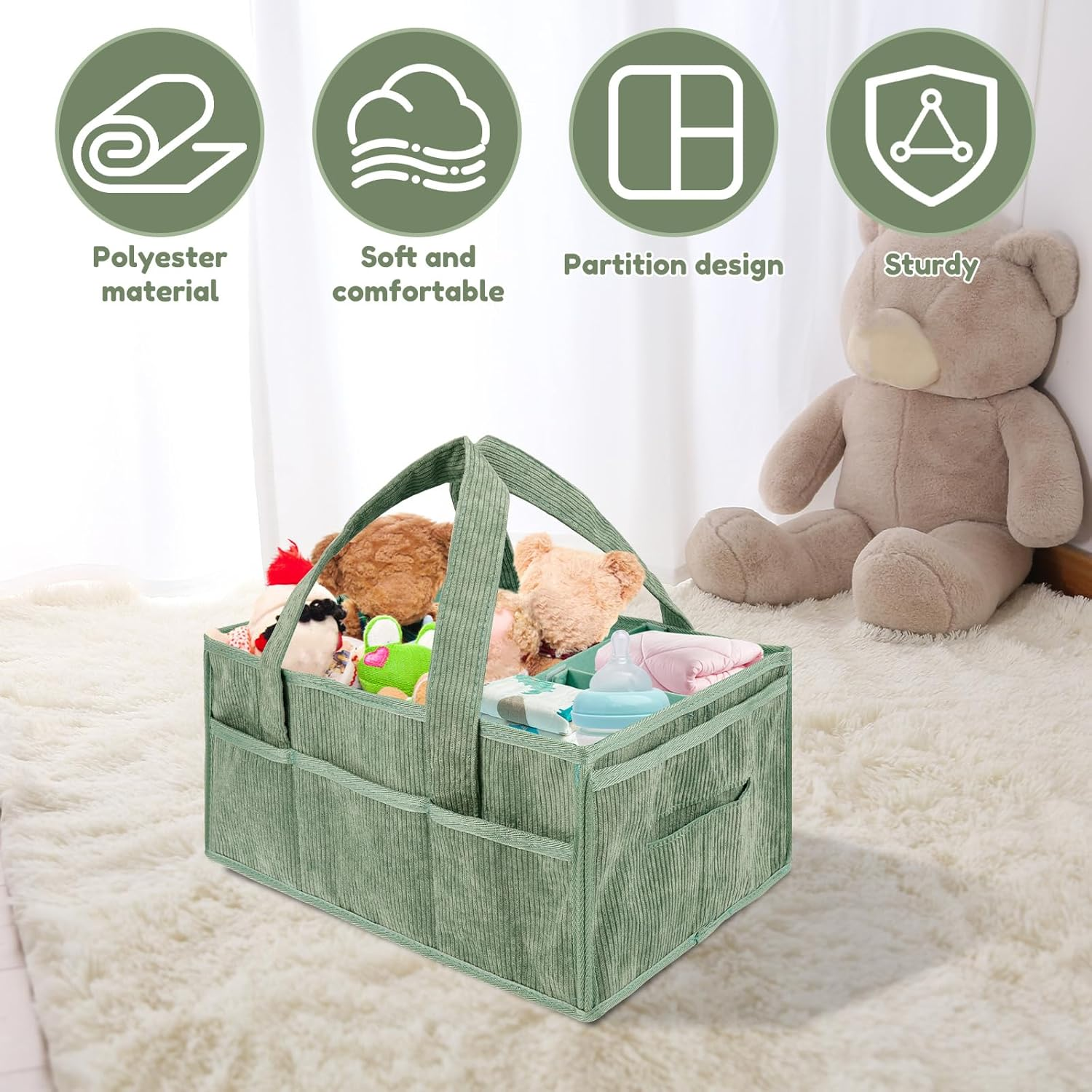 Baby Diaper Caddy Organizer, Nappy Caddy Organiser with Handle Build in Partition Board Wear Resistant Soft Baby Hamper Basket Nursery Basket for Bathroom Car Travel image number 3