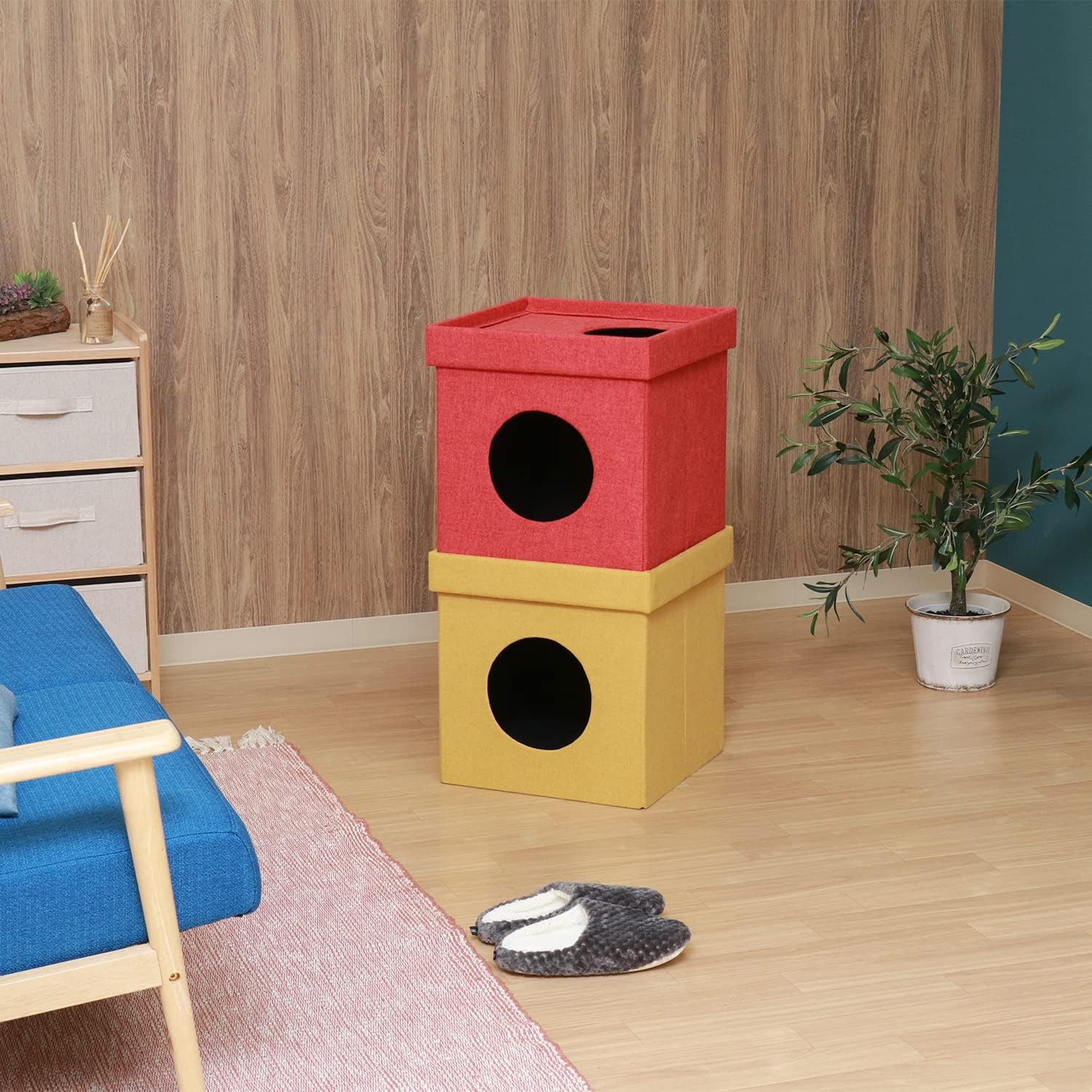 Fuji Boeki 53711 Pet House, Cat House, 2 Tiers, Width 14.8 X Depth 14.8 X Height 29.1 Inches (37.5 X 37.5 X 74 Cm), Red, Yellow, Bi-Color, Connected Type, Foldable, Cube image number 4