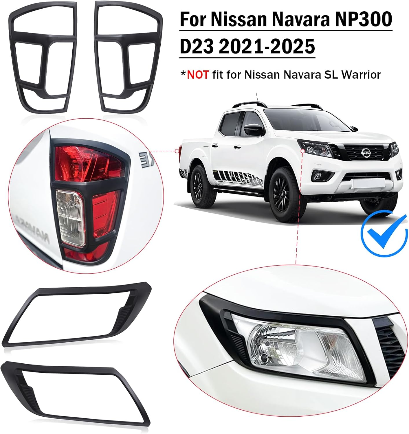 Headlight Tail Light Cover Trim for Nissan Navara NP300 D23 2021-2025 Accessories, Head Light Rear Taillight Trim Cover Protector Surround Frame Matte Black, 4Pcs/Set