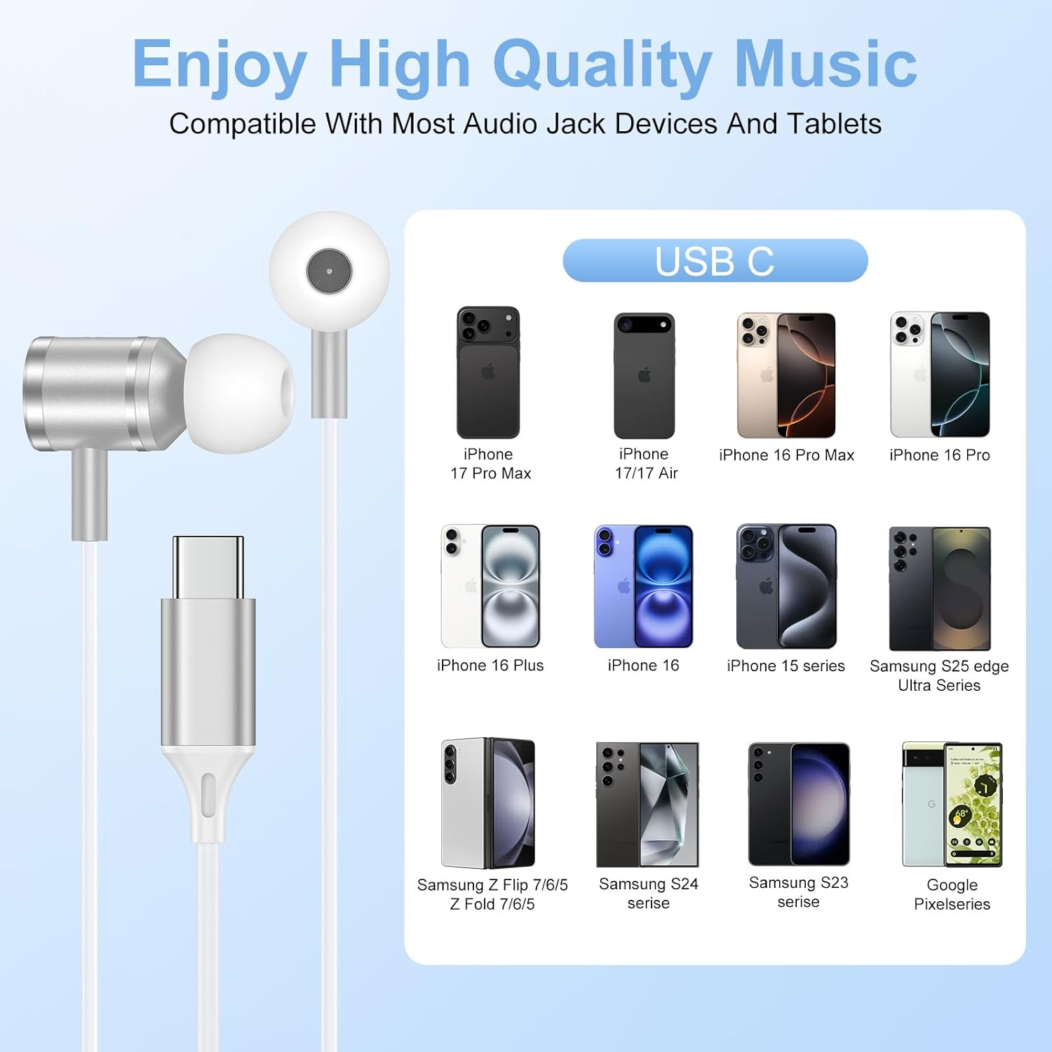 For Iphone 17 Pro Max USB C Wired Ear Buds for Iphone 17 17 Pro 17 Air 16E 16 Pro Max 15 plus 15,USB Type C Headphones with Microphone Earphone Earbuds for Samsung Galaxy S25 Ultra S24 S23 A17 A36 A56 image number 4