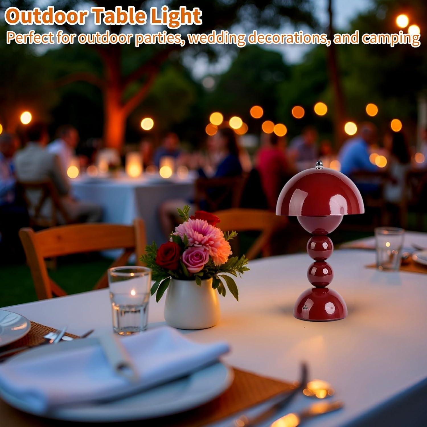 Cordless Table Lamp, 3-Color Dimmable & Touch Control Bedsied Rechargeable Desk Light, Portable Battery Powered Mushroom Lamp for Bedroom Nightstand, Kitchen, Office, Outdoor Decor (Drak Red) - Red image number 2