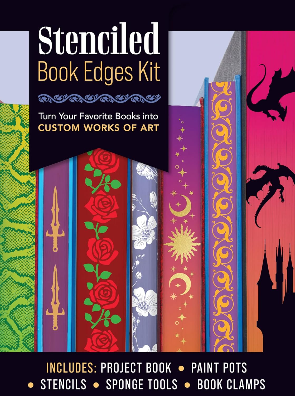 Stenciled Book Edges Kit: Turn Your Favorite Books into Custom Works of Art &ndash; Includes: Project Book, Paint Pots, Stencils, Sponge Tools, Book Clamps image number 3