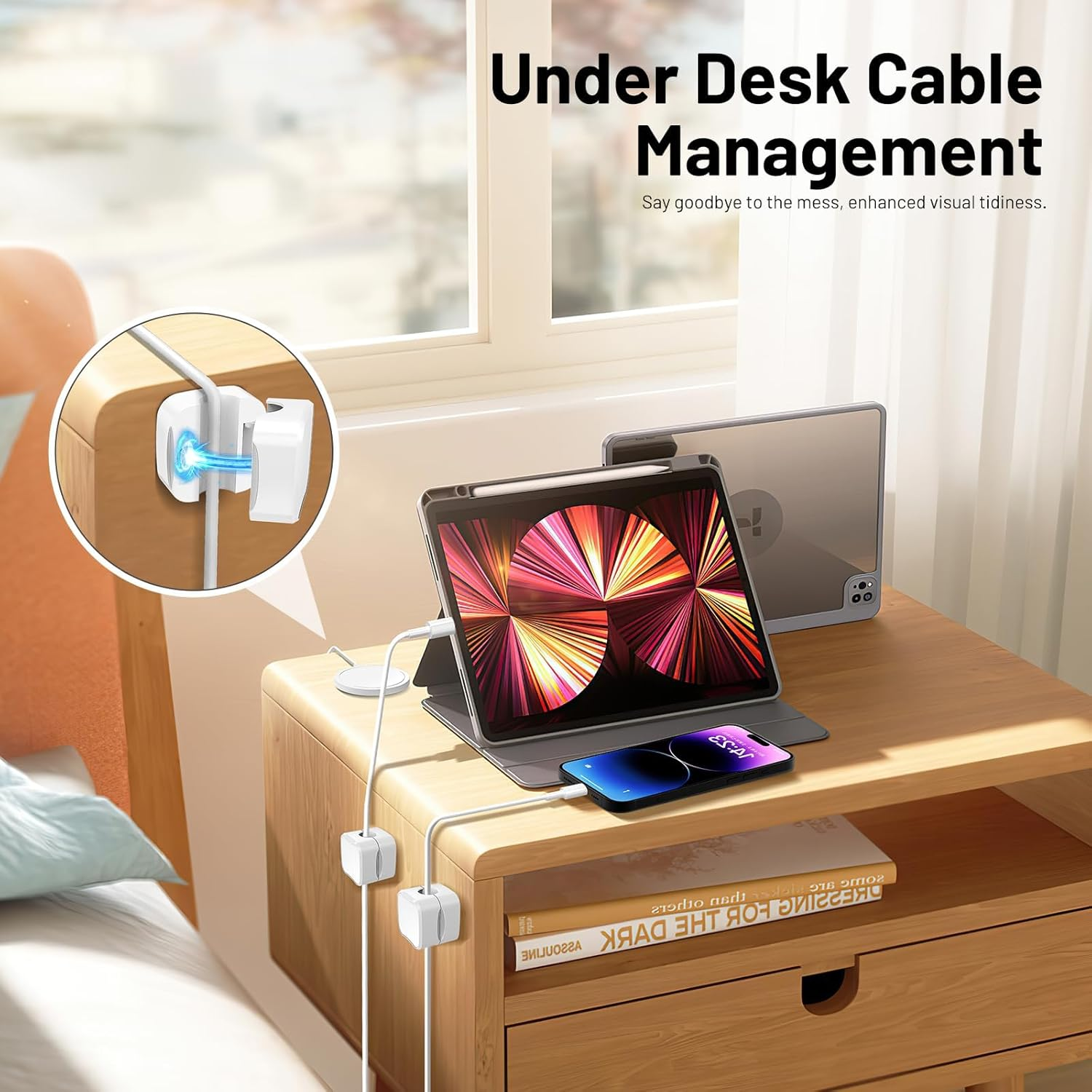 Magnetic Cable Clips Cord Organizer Magnetic Cord Holder Cable Smooth Adjustable Holder Keeper for Desktop,Nightstand,Wall,Home Office,Phone,Car (White) image number 4