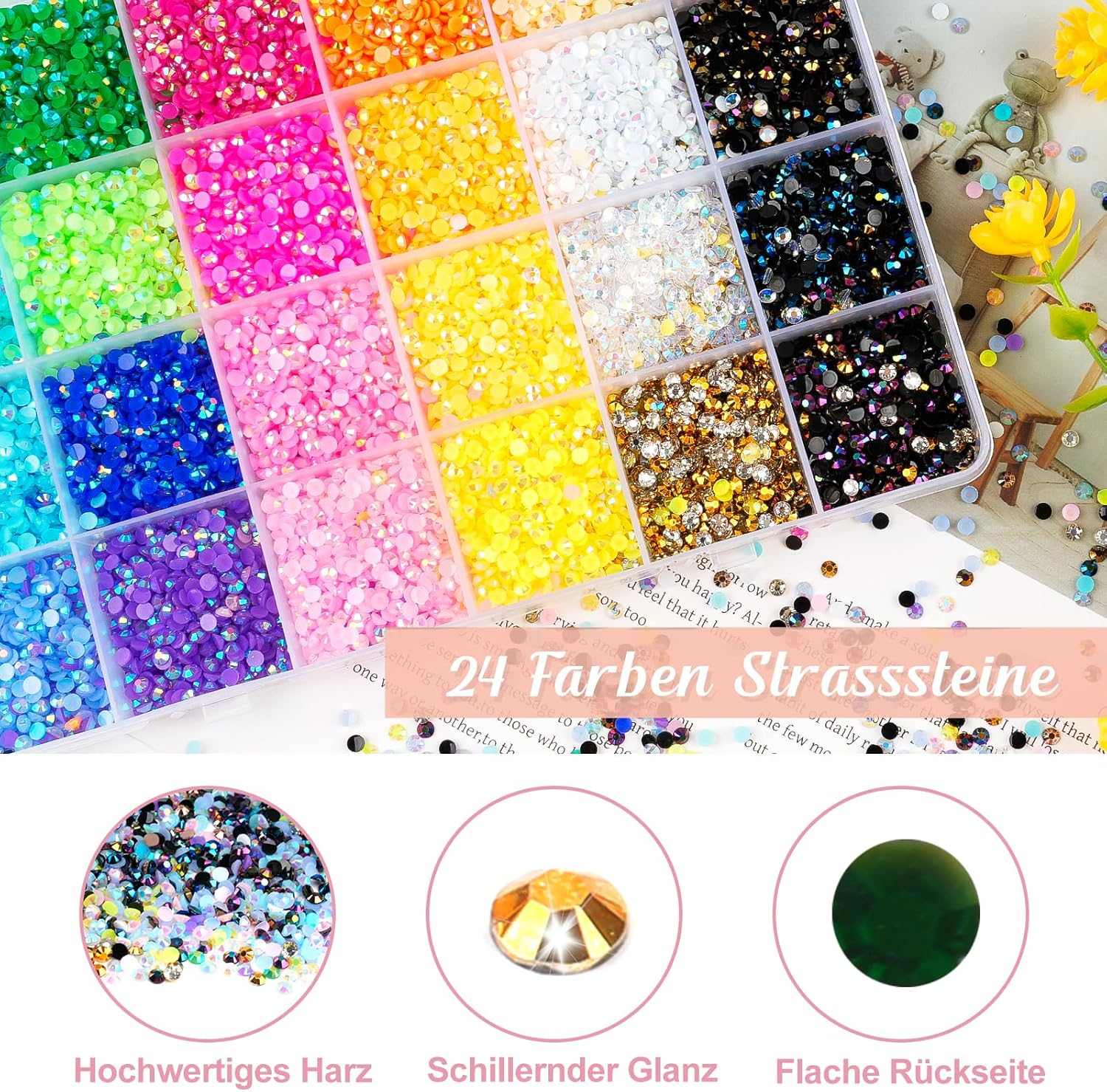 Hopton 24000 Pieces Rhinestone Nails, 24 Colours Glitter Stones for Crafts, round Glitter Gemstones Rhinestones with Tweezers and Wax Pen, Rhinestones Set for DIY Nails Crafts image number 3