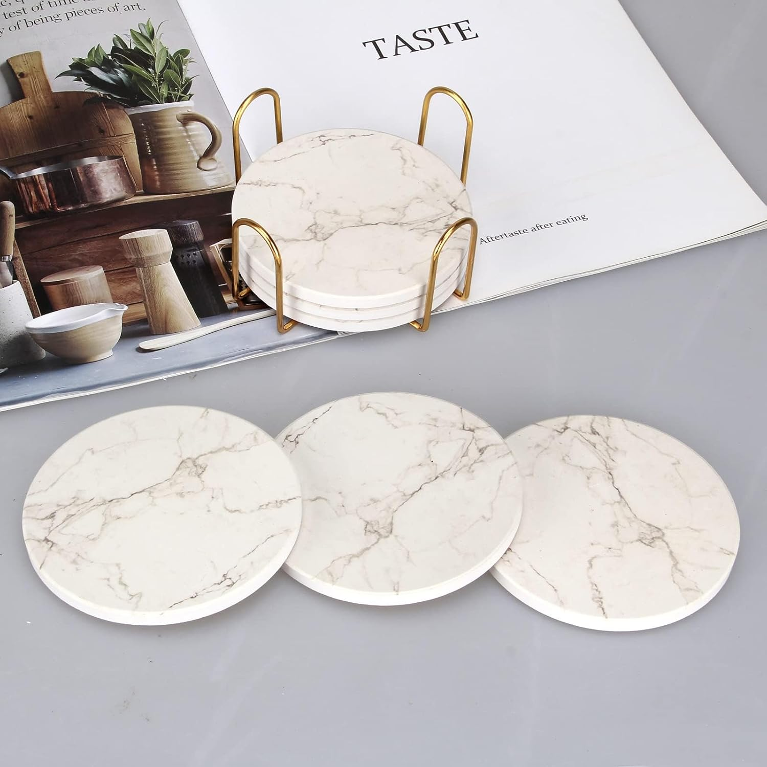 6 Pcs White Marble Coaster Set with Holder Best Absorbent Coasters Drink Stone Coasters Ceramic Wine Coasters Table Cup Coasters image number 5