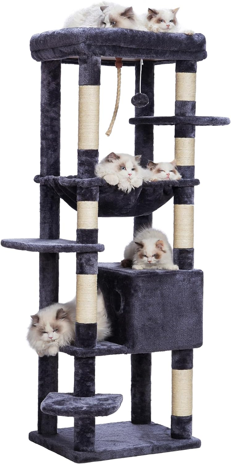Heybly Cat Tree for Large Cats 20 Lbs Heavy Duty,60 Inches XXL Cat Tower for Indoor Cats,Multi-Level Cat Furniture Condo for Cats with Big Padded Plush Perch,Cozy Basket HCT050G