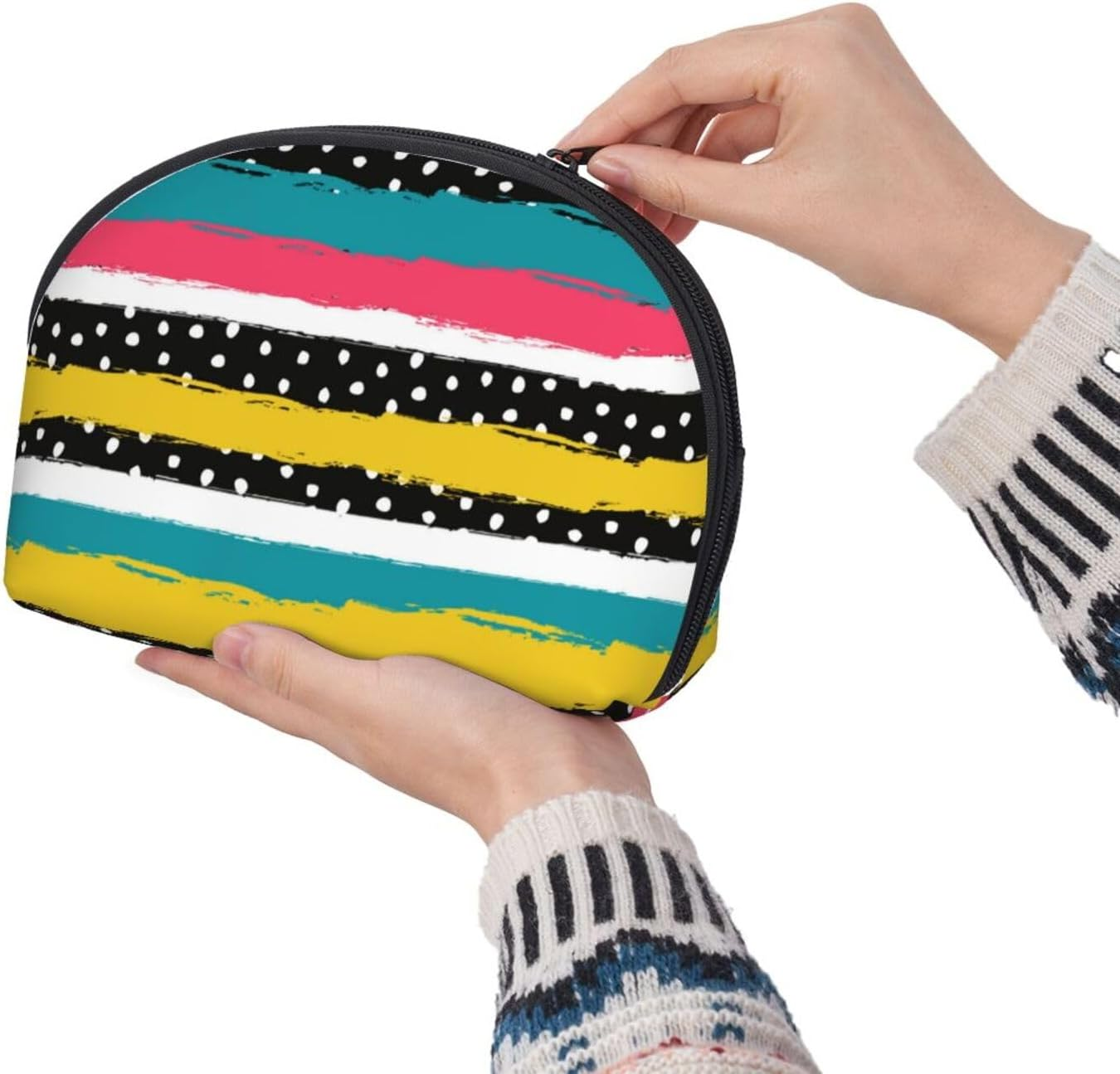 Cozimangoe Coin Pouch Makeup Bags Set, 2 Piece Shell Shape Cosmetic Bag with Pockets for Daily Travel Handbag Lipstick Keys Toiletry, Personalized Dots Striped image number 6