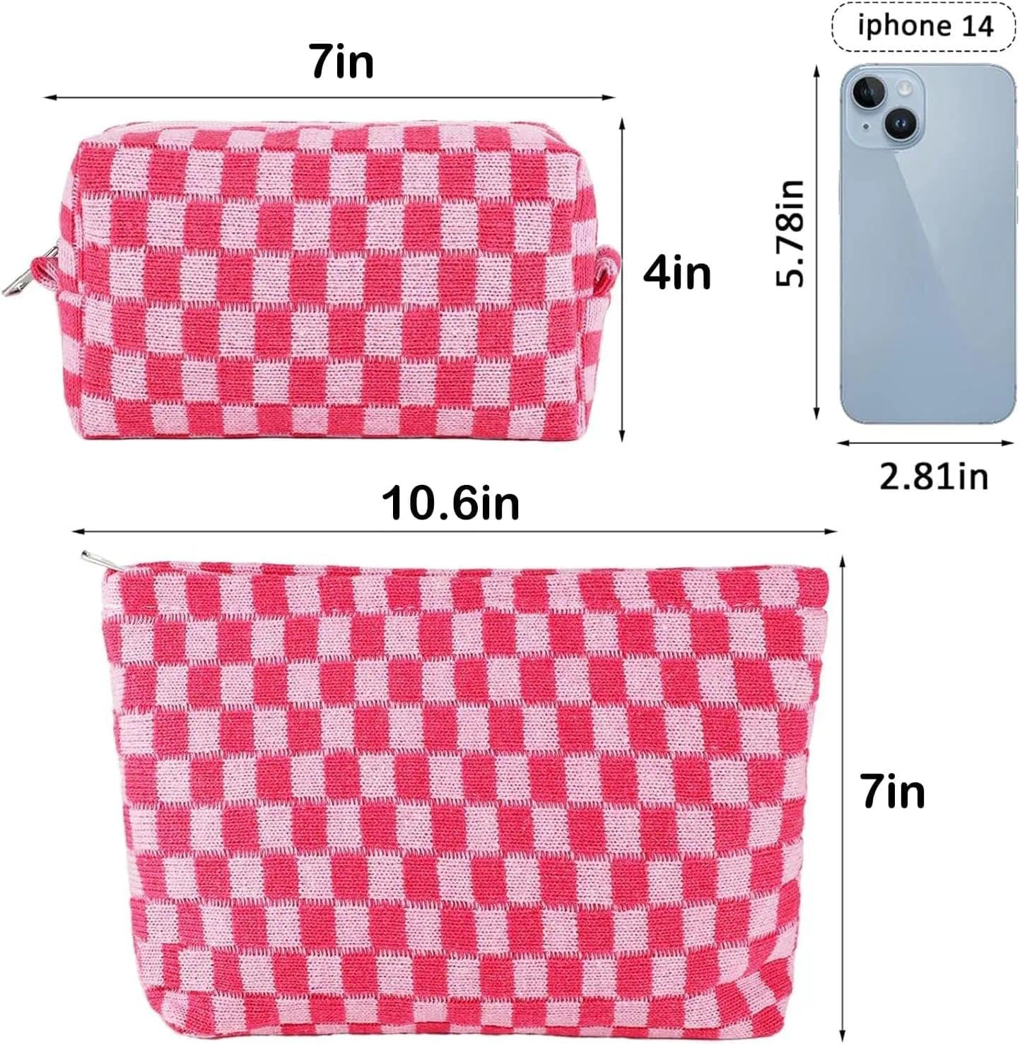 Pink Makeup Bag Set, Travel Makeup Bag Organizer, Portable Cute Checkered Cosmetic Bags for Women, Small Makeup Pouch for Purse, Storage Bag for Toiletries and Makeup Accessories - Damaill image number 2