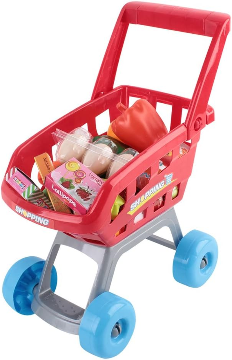 Keezi Kids Pretend Play Set, 24Pcs Supermarket Playset Shopping Trolley Cash Register Toy Battery for Friends Family with Lighting and Sound Features, Children Cubby House Toys Outdoor Plays Red White image number 4