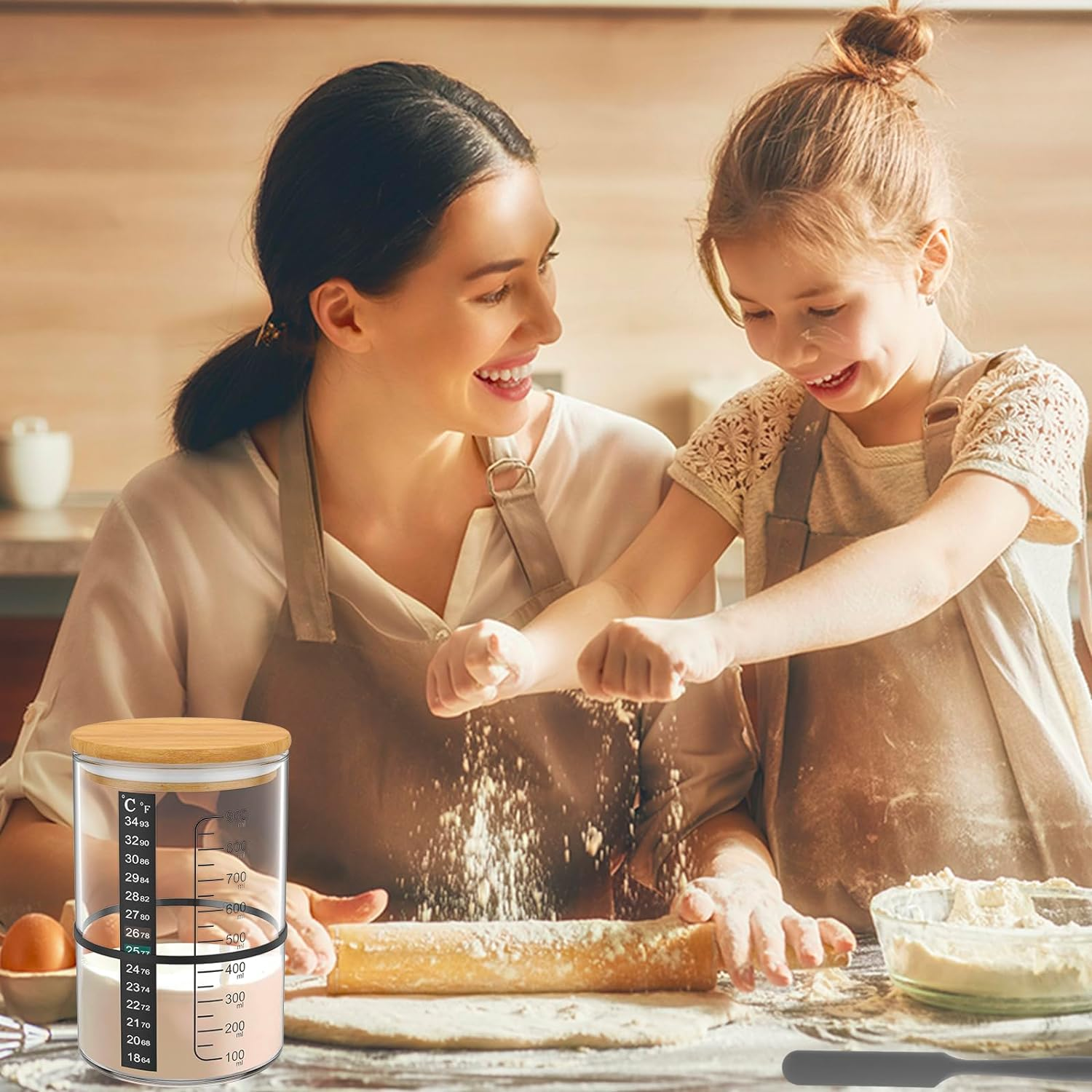 6Pcs Sourdough Starter Jar Kit 900Ml 25.7Oz Heat Resistant Sourdough Starter Container with Lid Spatula Thermometer Strip Rubber Band Label Sheet Pen Cloth Cover for Bread Baking (Style-1) image number 3