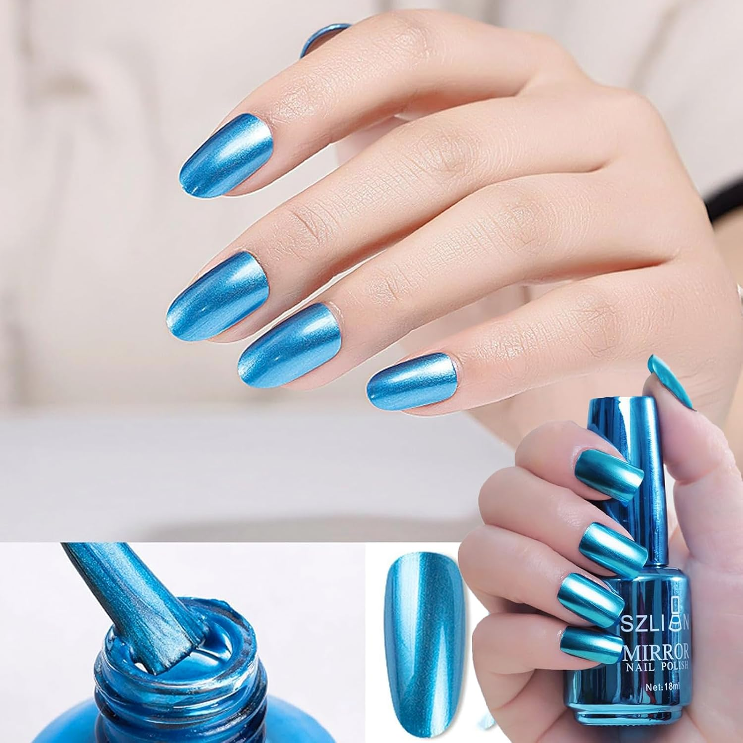 Blue Nail Polish Chrome Metal Nail Varnish, Mirror Quick Dry Metallic Effect No UV Needed Nail Art Polish Chrome Nail Polish image number 6