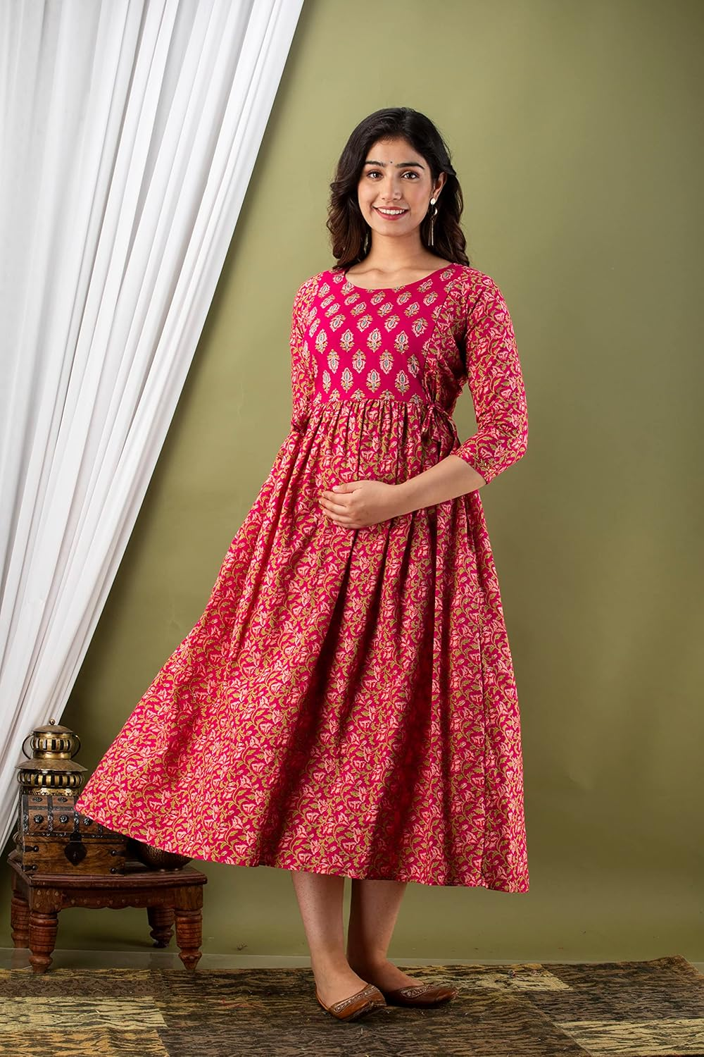 Aizza Trends Women'S Maternity Gown |Feeding Gown Kurta | Baby Shower Dress | Feeding Dress-Pink-3 image number 1