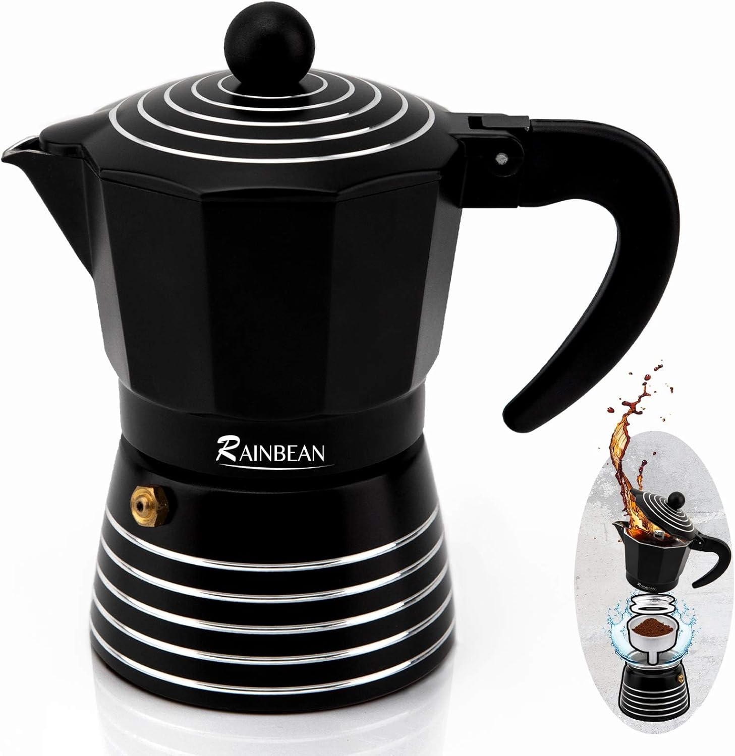 RAINBEAN Stovetop Espresso Maker 6 Cup Moka Pot,Italian Cuban Greca Coffee Maker,Aluminum Durable and Easy to Use & Clean,300Ml Red