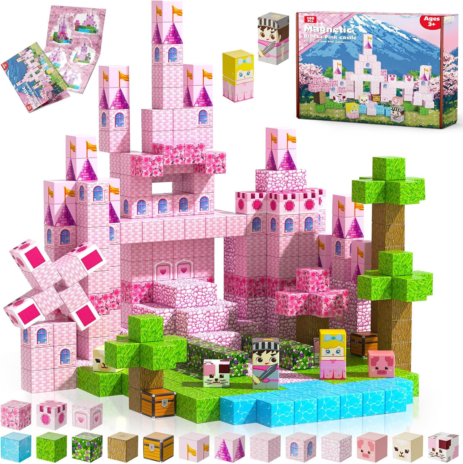 Magnetic Blocks-100Pcs Magnetic Building Blocks, Castle Princess Castle Garden STEM Building Cubes for Toddler Kids Toys, Construction Toys for Kids Ages 3+