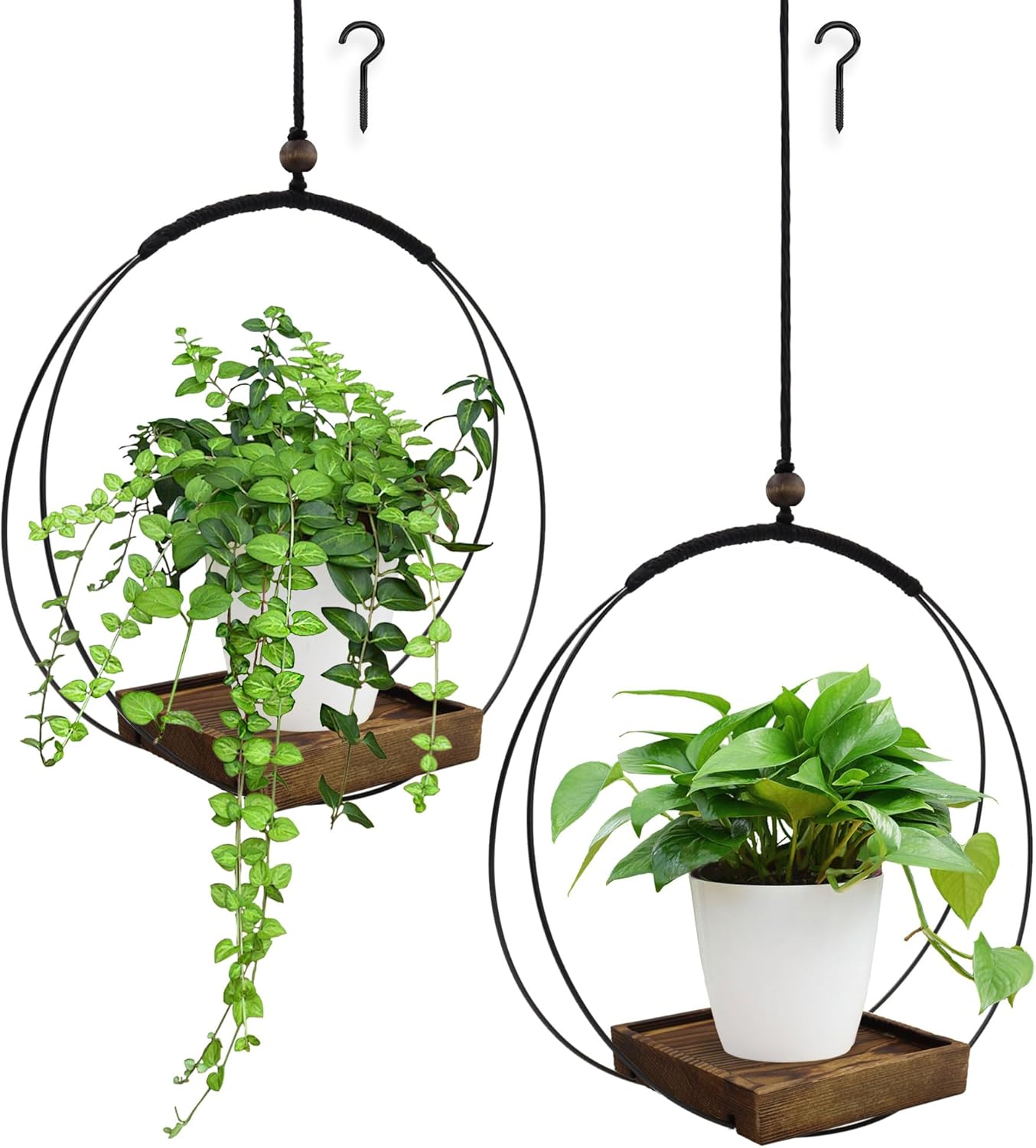 2 Pack Hanging Plant Holder, Metal Wall Hanging Planter with Wood Base, Plant Hangers Indoor, Hanging Flower Basket for Outdoors, Swinging Plant Pot for Room Ceilings Window (Brown)